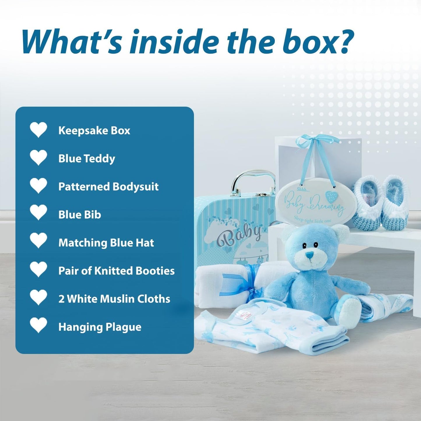 Baby Box Shop Baby Shower Boy Gift - 9 Piece Baby Gift Set, Newborn Boy, Baby Gift Set - Gift Basket Set - Blue