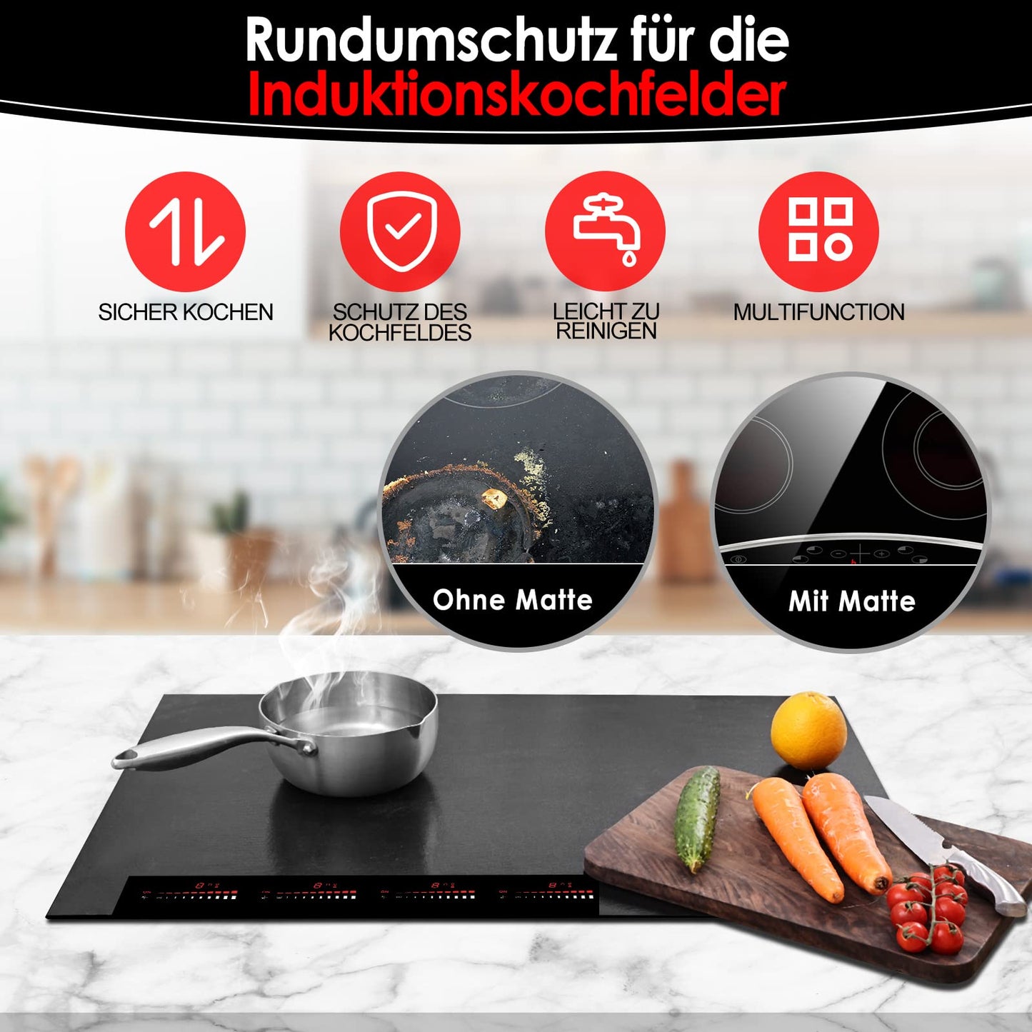 KitchenRaku Large Induction Protection Mat, Silicone Induction Cooktop Protection Mat (magnetic) Cooktop Scratch Protection for Induction Stove, Multifunctional Silicone Mats (61x53cm, Pure Black)