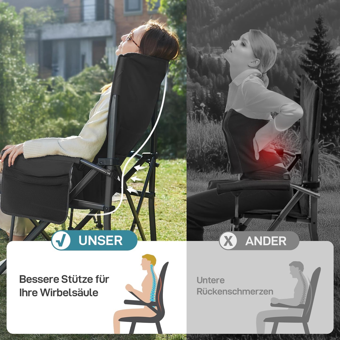 Ever Advanced folding camping chair supports up to 230KG. XL size with lumbar support, 62cm wide seat, side pocket, and drink holder. Great for camping, outdoor activities, balcony, and garden.