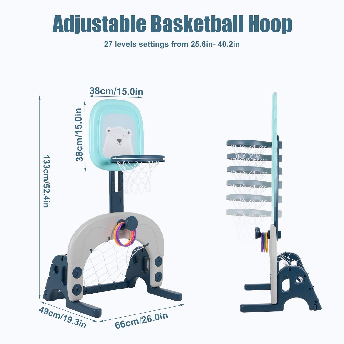 Hadwin Kids Basketball Hoop Set, 3-in-1 adjustable basketball stand & soccer goal & throwing game for toddlers, sports for boys and girls, suitable for indoor use.