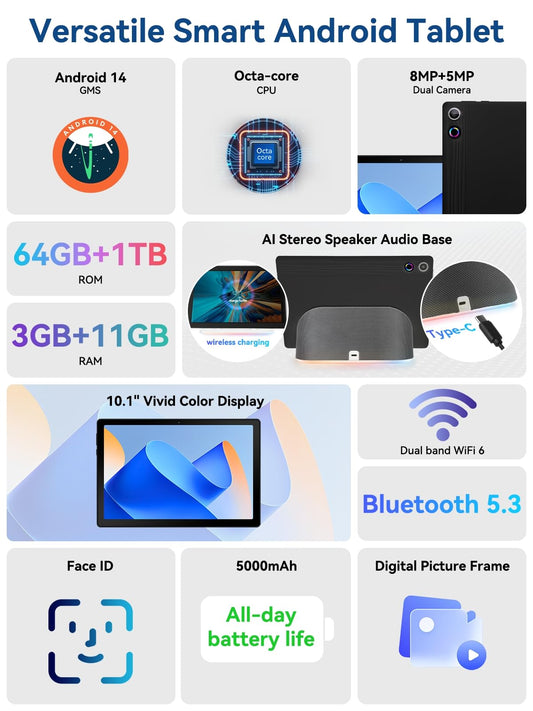 Whitedeer Tablet 10 Inch Android 14 Octa-Core Tablet with Charging Dock Speaker, 14GB RAM+64GB ROM, AI Cloud Album & 8 Types of White Noise, 1280x800 HD, 5MP+8MP Camera, Wi-Fi 6 & BT 5.3(Black)