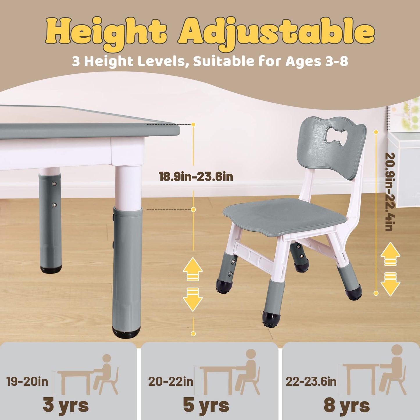 FUNLIO Kids Room Table & Chair Set, adjustable height for children aged 3-8, easy-to-clean art table, for classrooms/daycares/homes, CPC certified (3 pieces) - gray