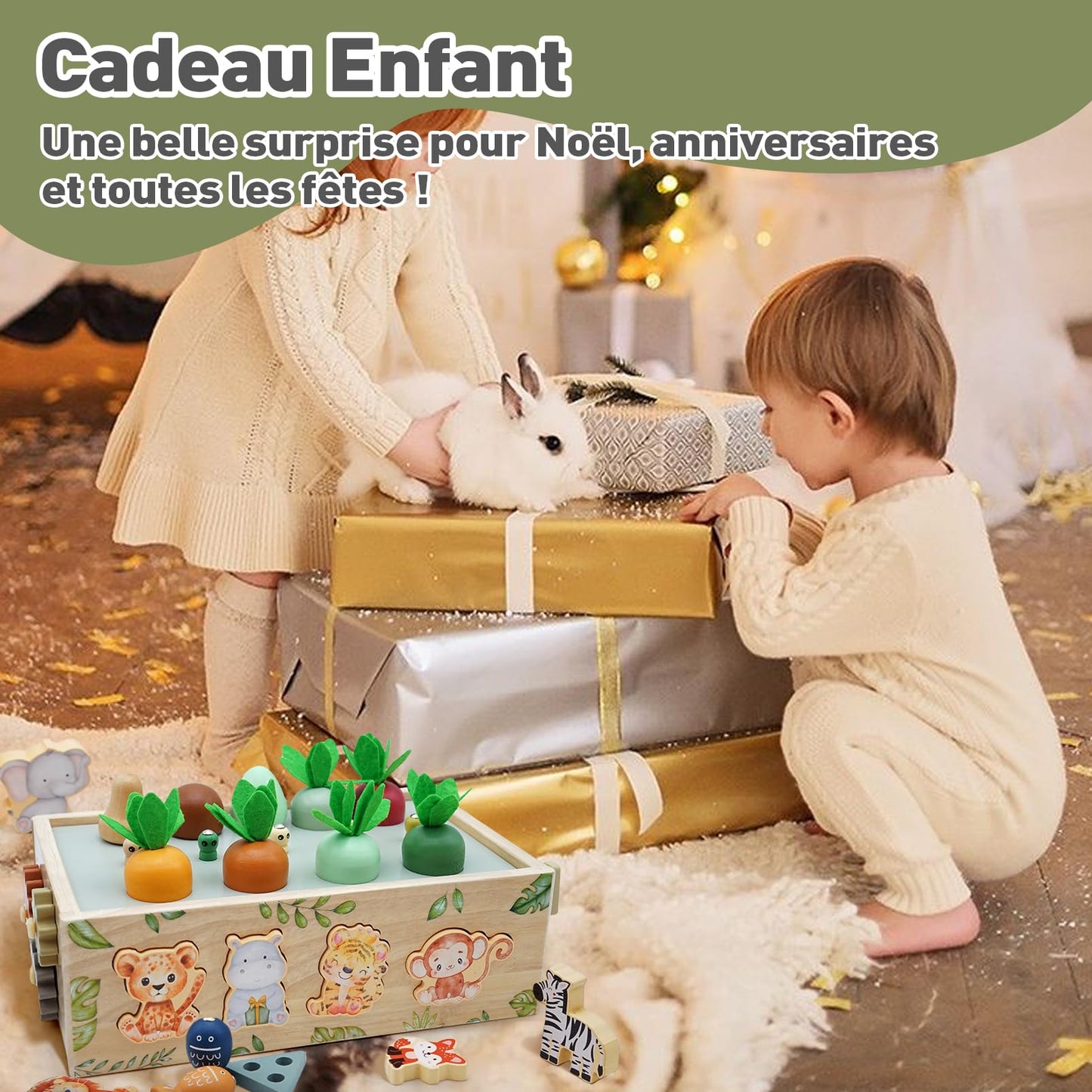Montessori toy for 1 year and up, wooden activity cube with 9 functions, safari themed motor skills toy for 1, 2, and 3 year olds. Perfect gift for baby girls and boys aged 1-4 years.