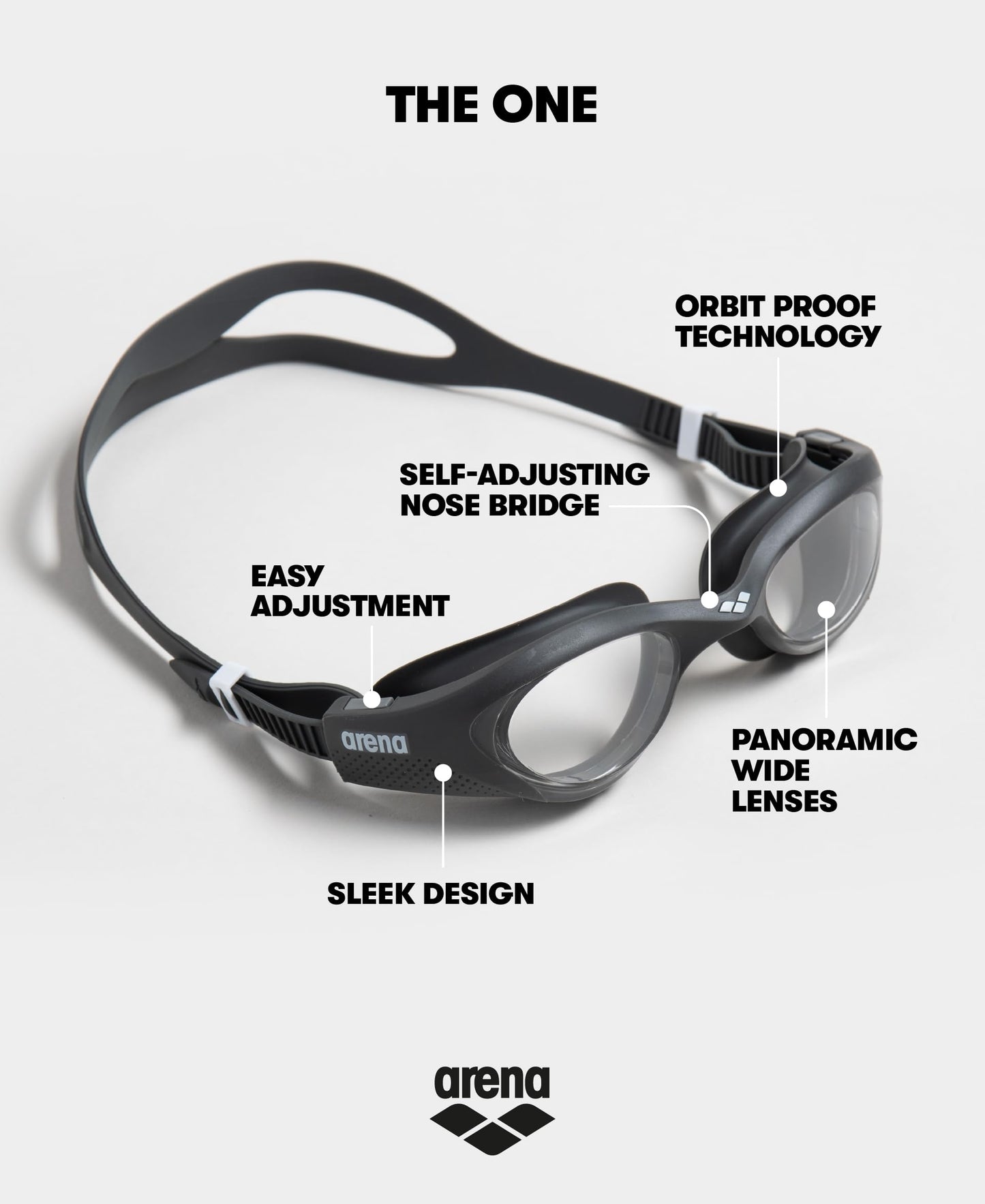 ARENA The One unisex adult swim goggles with large lenses, anti-fog and UV protection, self-adjusting nose bridge, orbit-proof seals.