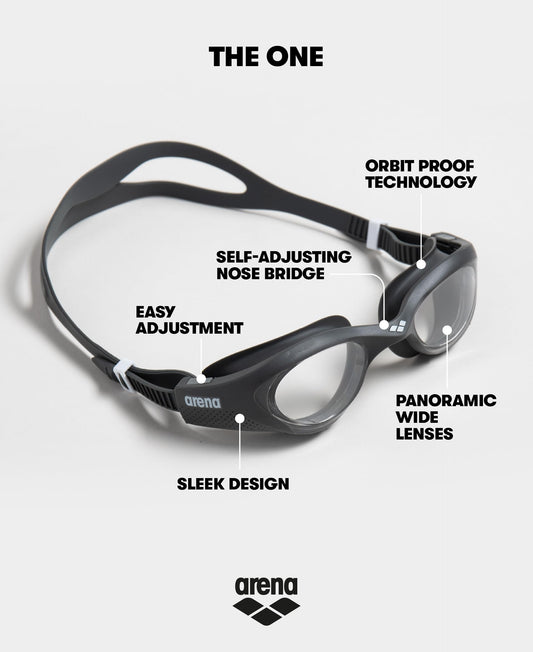 ARENA The One unisex adult swim goggles with large lenses, anti-fog and UV protection, self-adjusting nose bridge, orbit-proof seals.