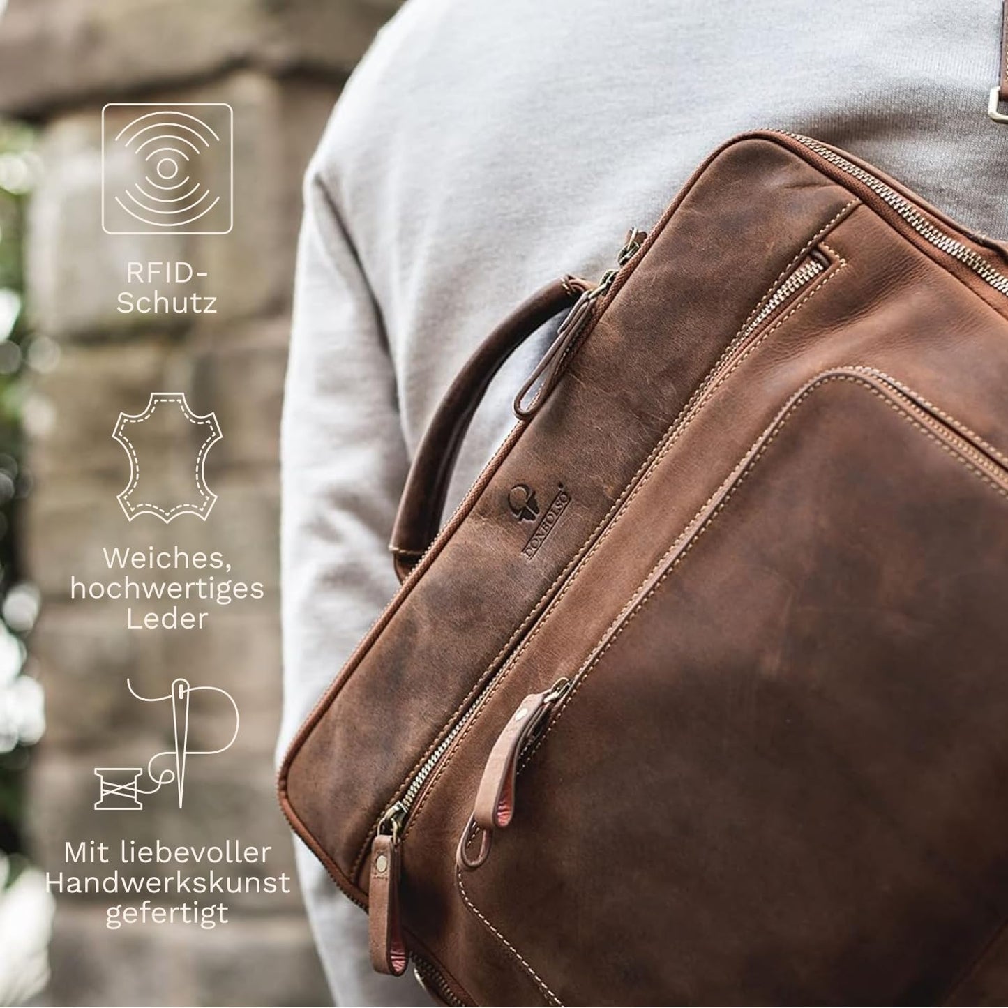 DONBOLSO Laptop Bag San Francisco - Brown Leather Shoulder Bag for Laptop and Tablet - High-quality Briefcase for Notebook up to 17 inches - Stylish Bag for Men and Women