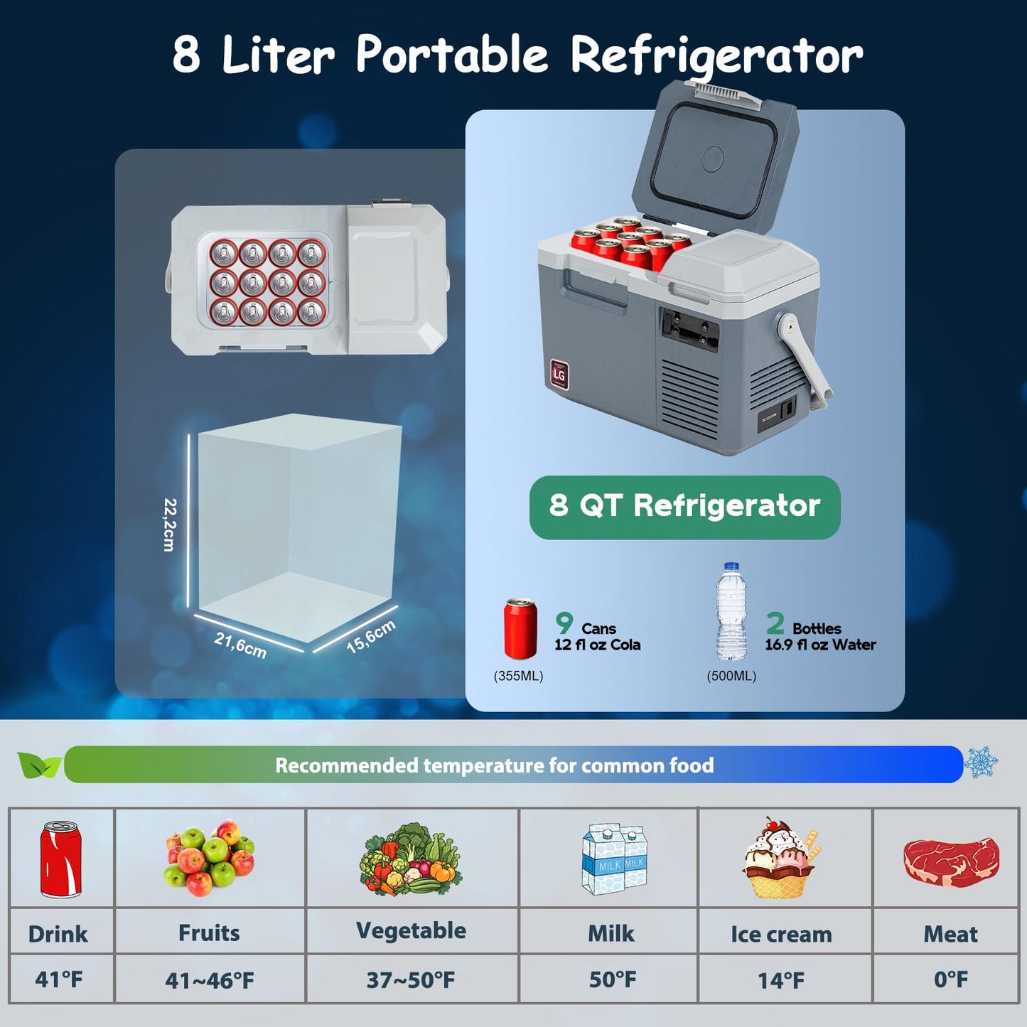Alpicool LGMP8 8L compressor cooler 12v mini fridge electric camping freezer portable for car, truck, boat, RV with USB port, -20℃-20℃, rechargeable (battery not included)