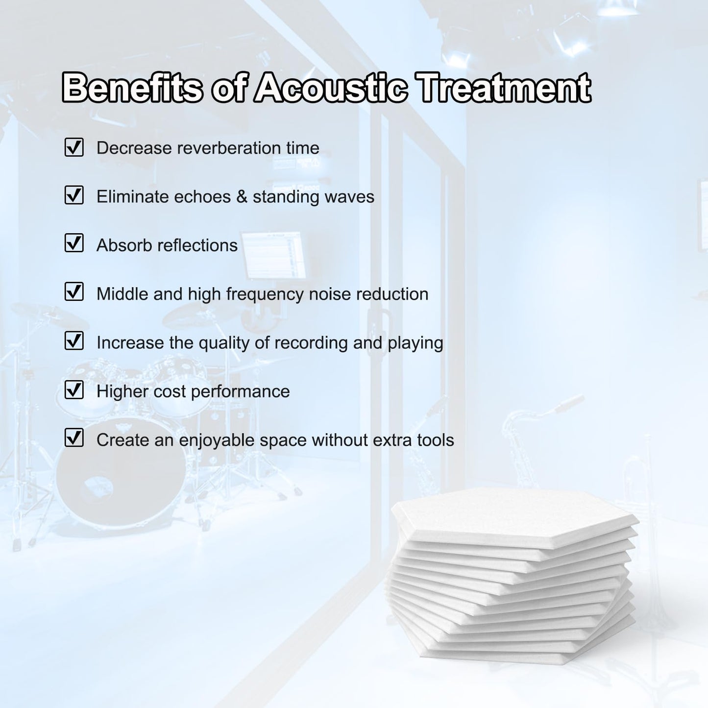 Hexagon acoustic panels, soundproofing wall, 12 pieces, high density acoustic panels for ceiling/door/wall decoration and sound treatment, soundproofing panels (30x26x0.9cm)