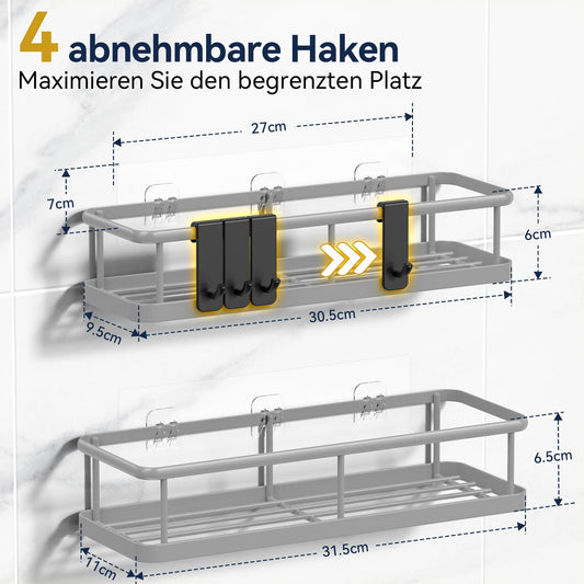 YASONIC shower caddy without drilling, bathroom organizer, shower shelf without drilling, shower holder without drilling shampoo holder for shower, bathroom shelf without drilling with 4 removable hooks, grey.