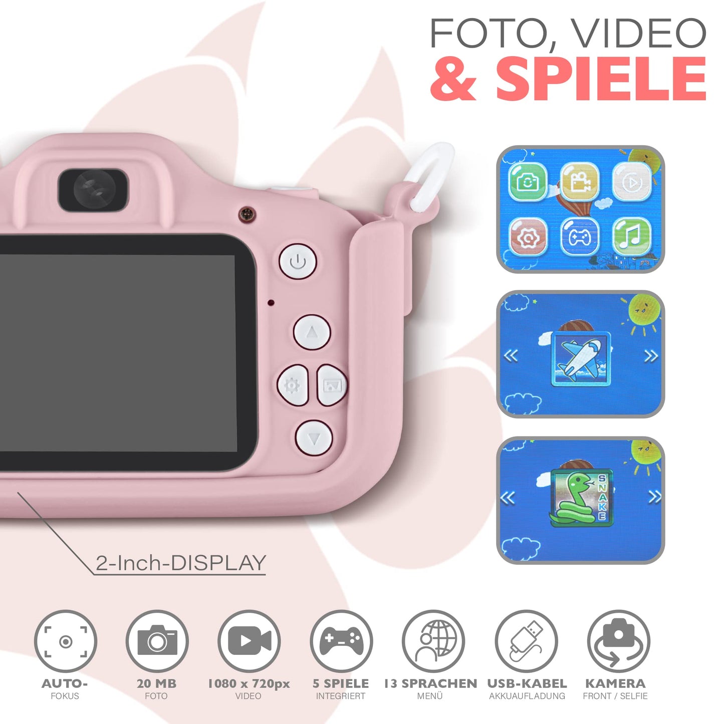 Lion Toys Kids Camera Pink | Photo camera with 32GB memory card, silicone protective case & fun effects | 18 megapixels | rechargeable | Easy operation for 3-12 years.