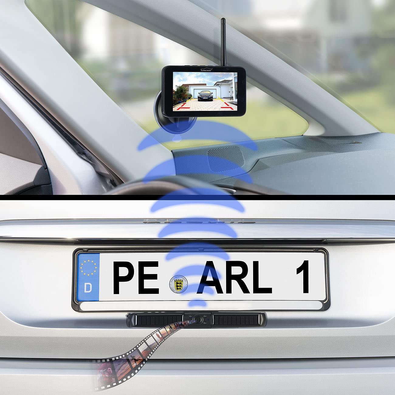 Lescars parking aid: Solar-powered front and rear camera with Full HD and 5" monitor (Solar rearview cameras with monitor, car camera, license plate set for the rear)