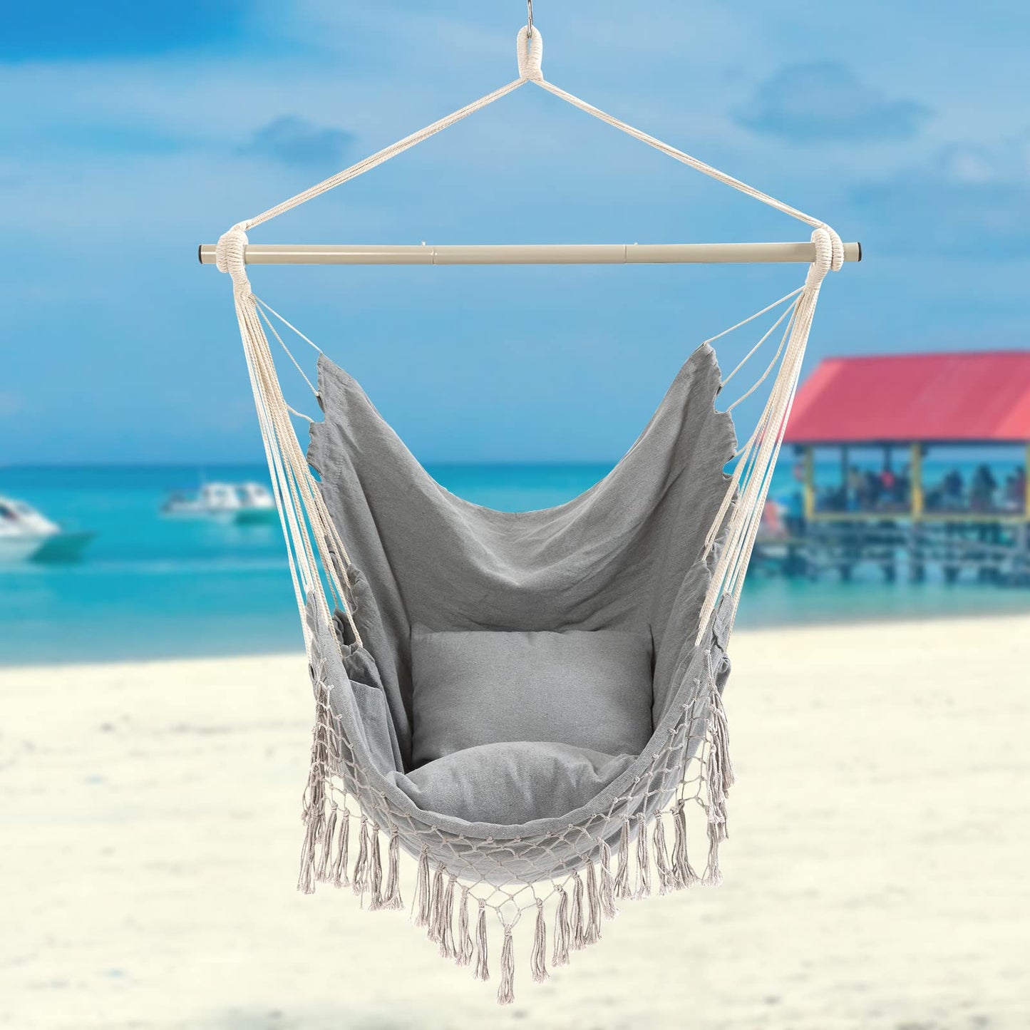 Hammock Chair Large hammock swing, 110 x 150cm Holds up to 150kg, Cotton hanging chair Hardwood spreader bar Wide seat swing chair