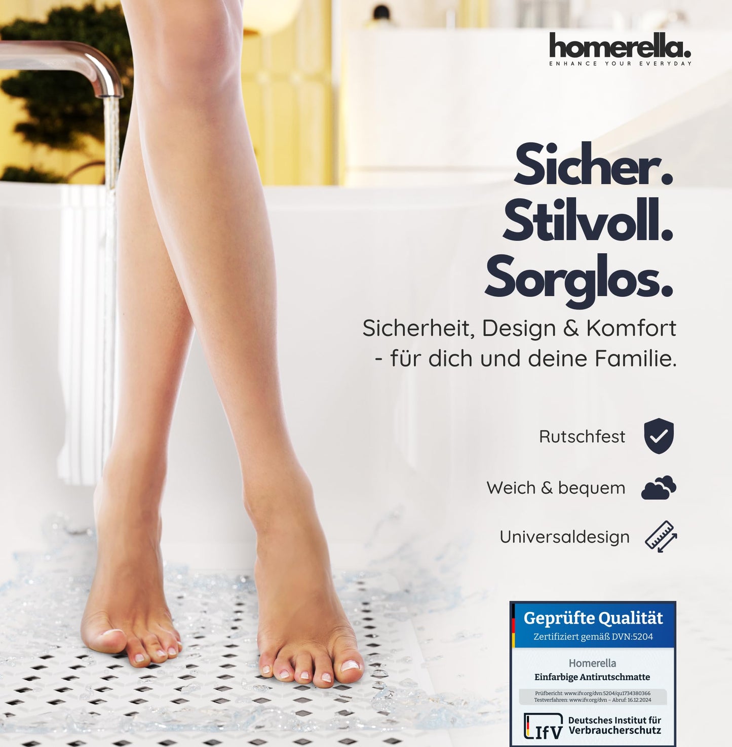homerella® non-slip bathtub mat 88x39cm, INCLUDES HOOK, Non-slip bath mat BPA free, Non-slip shower mat, Anti-slip bathtub mat, Non-slip bathtub mat, mold resistant & machine washable