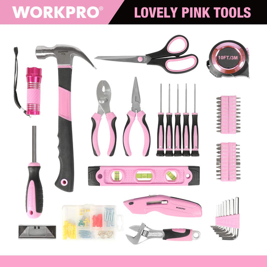 WORKPRO Pink Tool Set Pink Tool Box 106-piece Household Tool kit Repair including bag with wide opening 34cm Ideal Gift for DIYers