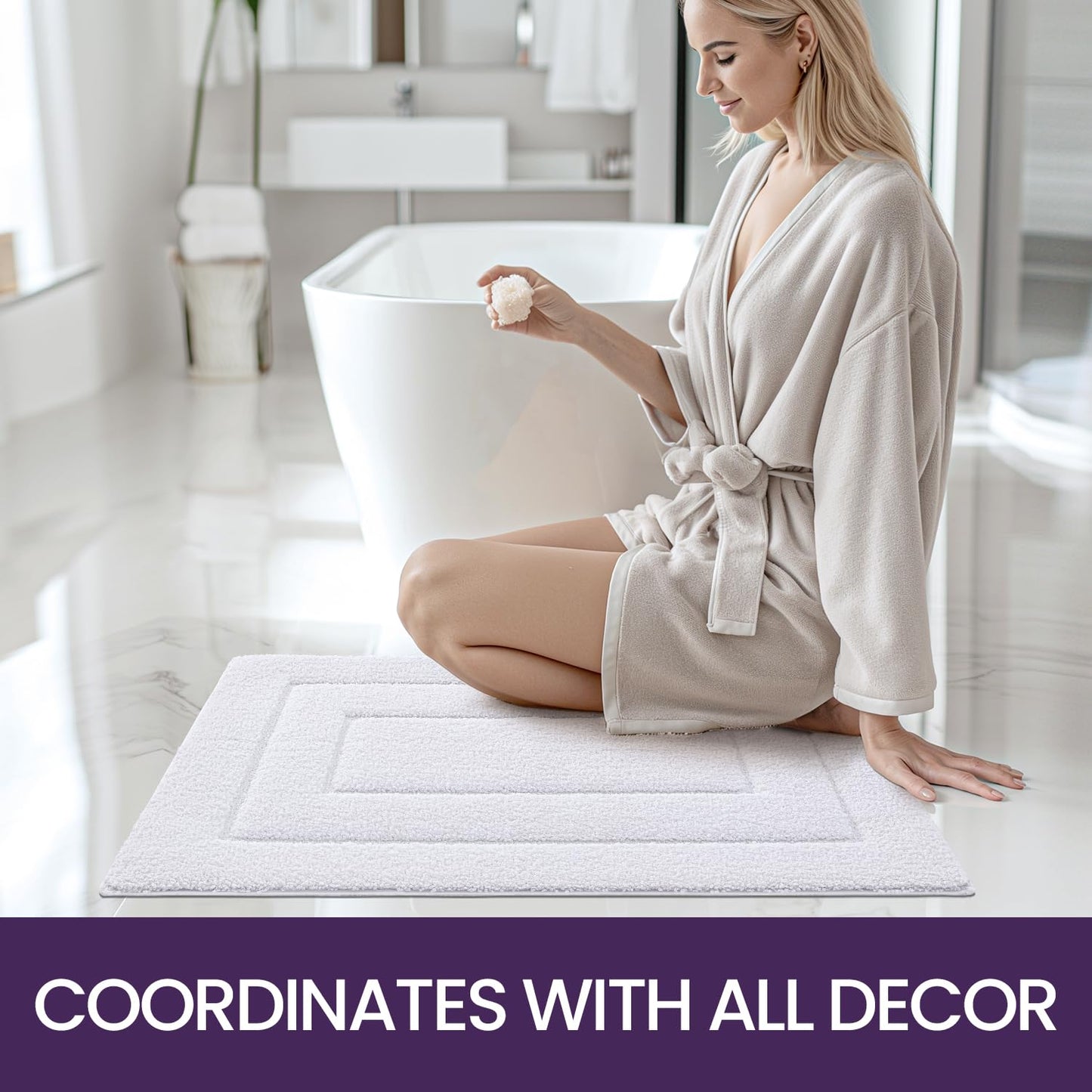 DEXI Bath Mat, Non-Slip Soft Bathroom Rug, Absorbent Bathmat, Machine Washable Bath Rug for Shower, Bathtub, and Toilet, White, 60 x 110 cm.