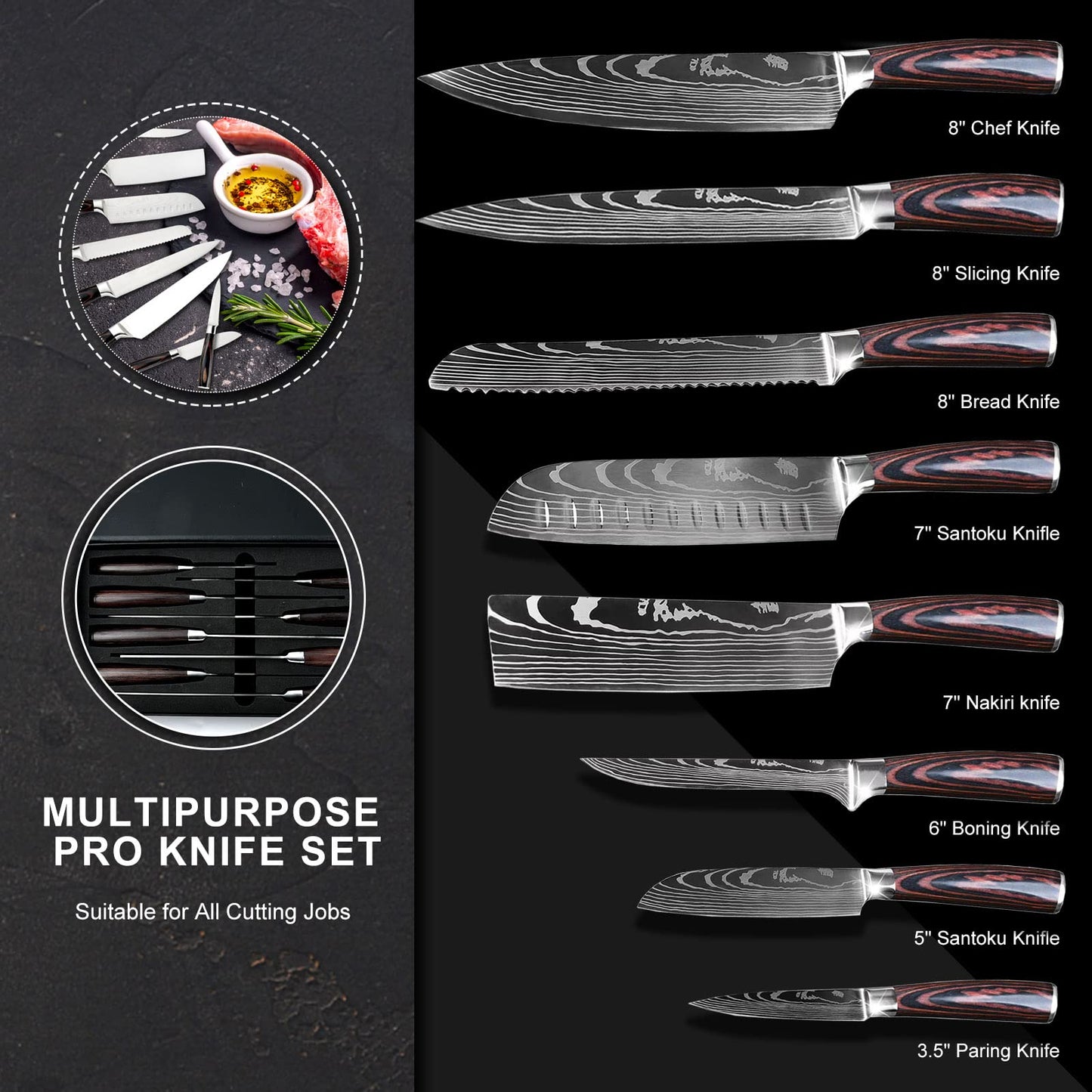 Gustrug Kitchen Knife Set 8-piece knife set made of high-quality stainless steel, ultra sharp knife set with ergonomic handle, gift box, perfect for home and restaurant cooking.