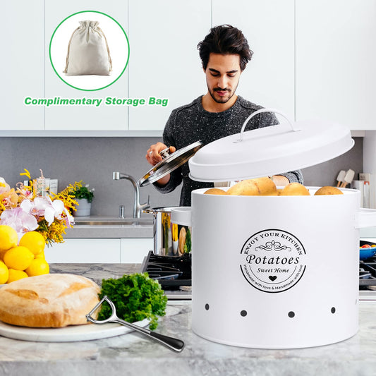 Potato storage box set of 3 on the stove, onion pot and garlic pot ventilated storage container set, onion storage, storage potatoes onions garlic storage (white)