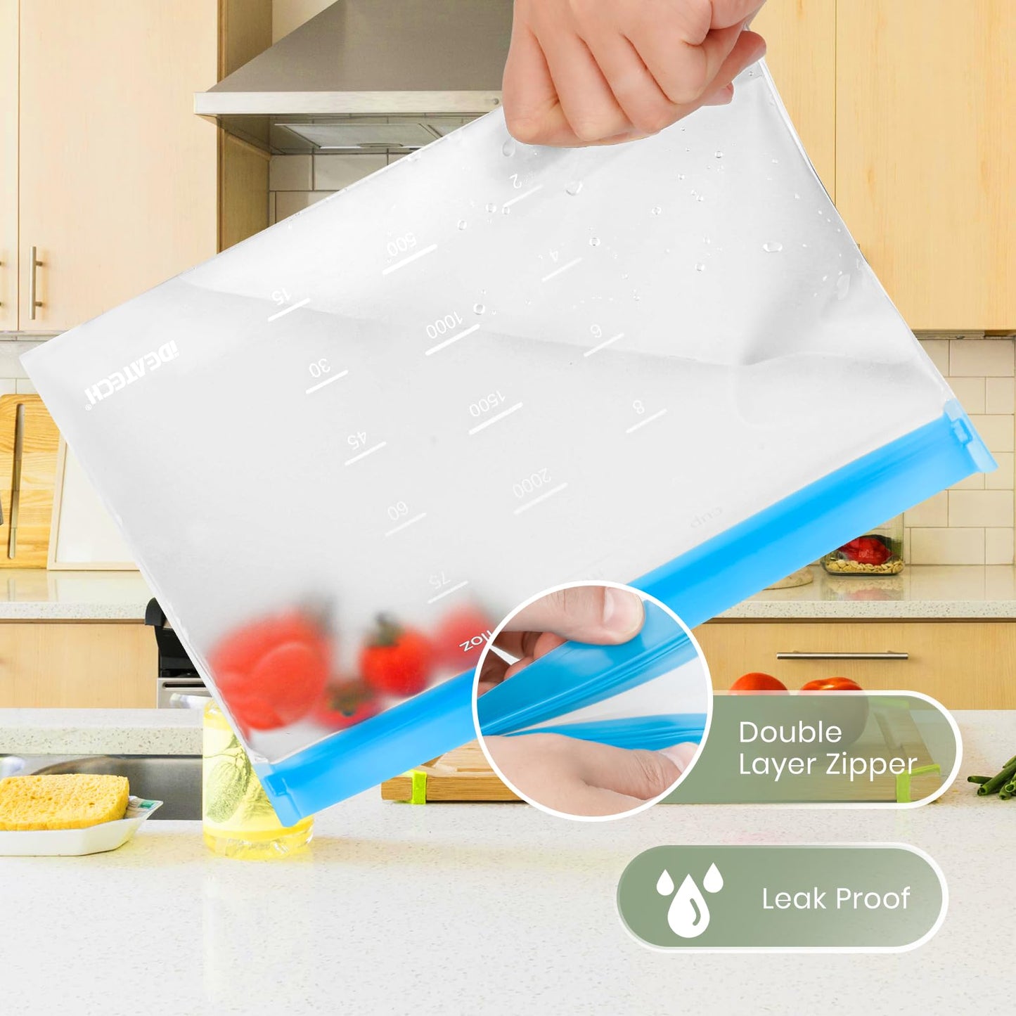 IDEATECH 20 Pack Reusable Freezer Bags with Stand-Up Bottom Design, Silicone Bags for Food, Storage Bags Sandwich Bags Kitchen Bags for Vegetables Milk Snacks Meat