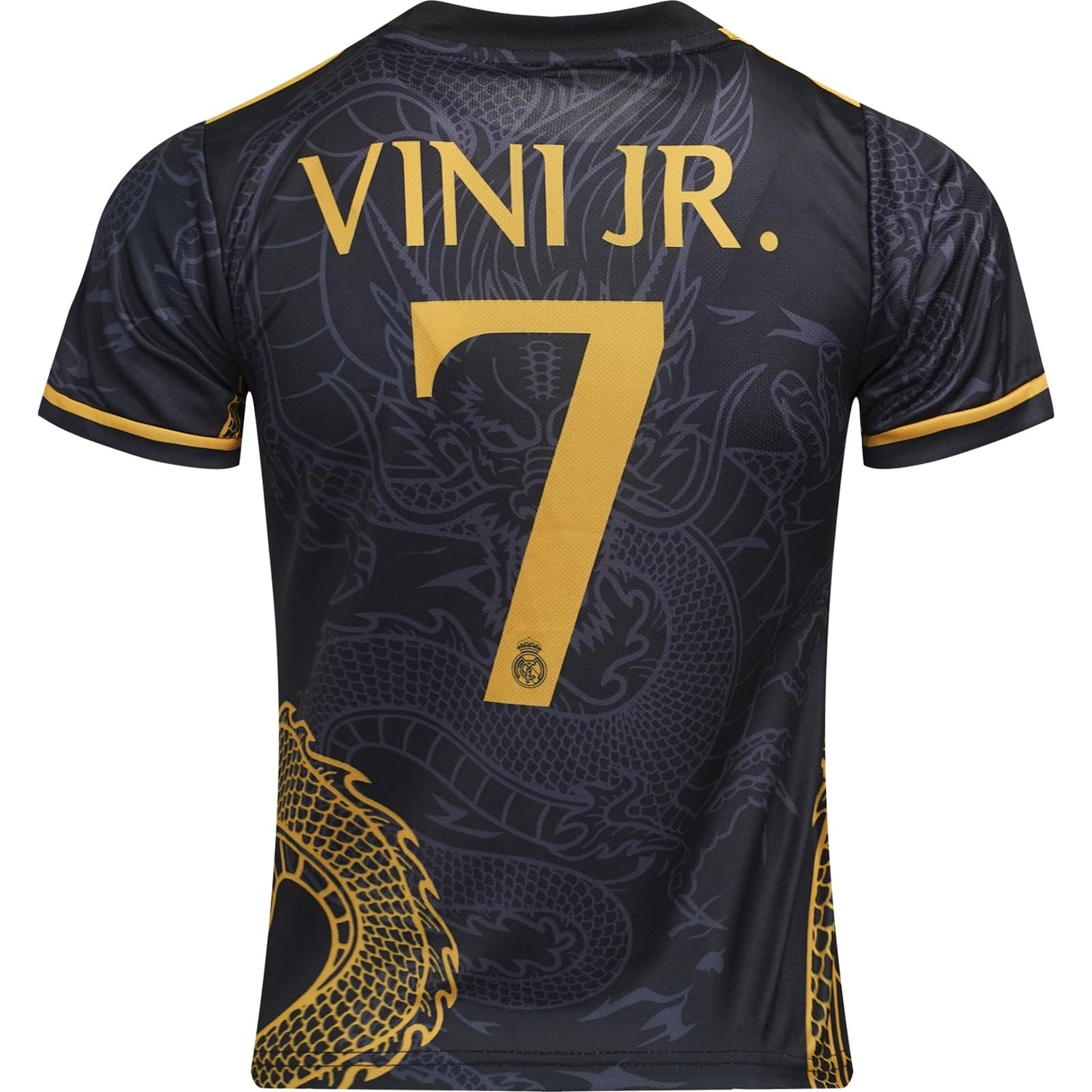 BlackAzat 2023/2024 Madrid #7 Vini Jr. Vinicius Kids Soccer Jersey Special Golddragons Edition, Shorts Socks Youth Sizes (Black, 24)