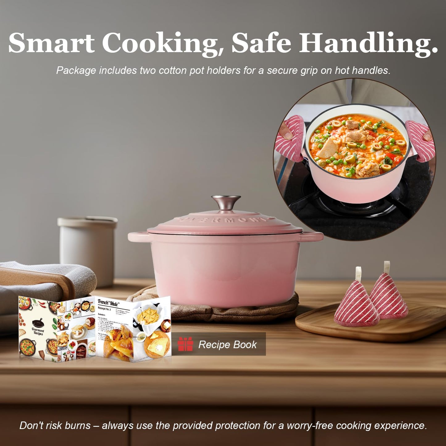 Overmont Enamel Cast Iron Dutch Oven 26cm - Oven safe with lid and cookbook - for kitchen baking roasting stewing Pink
