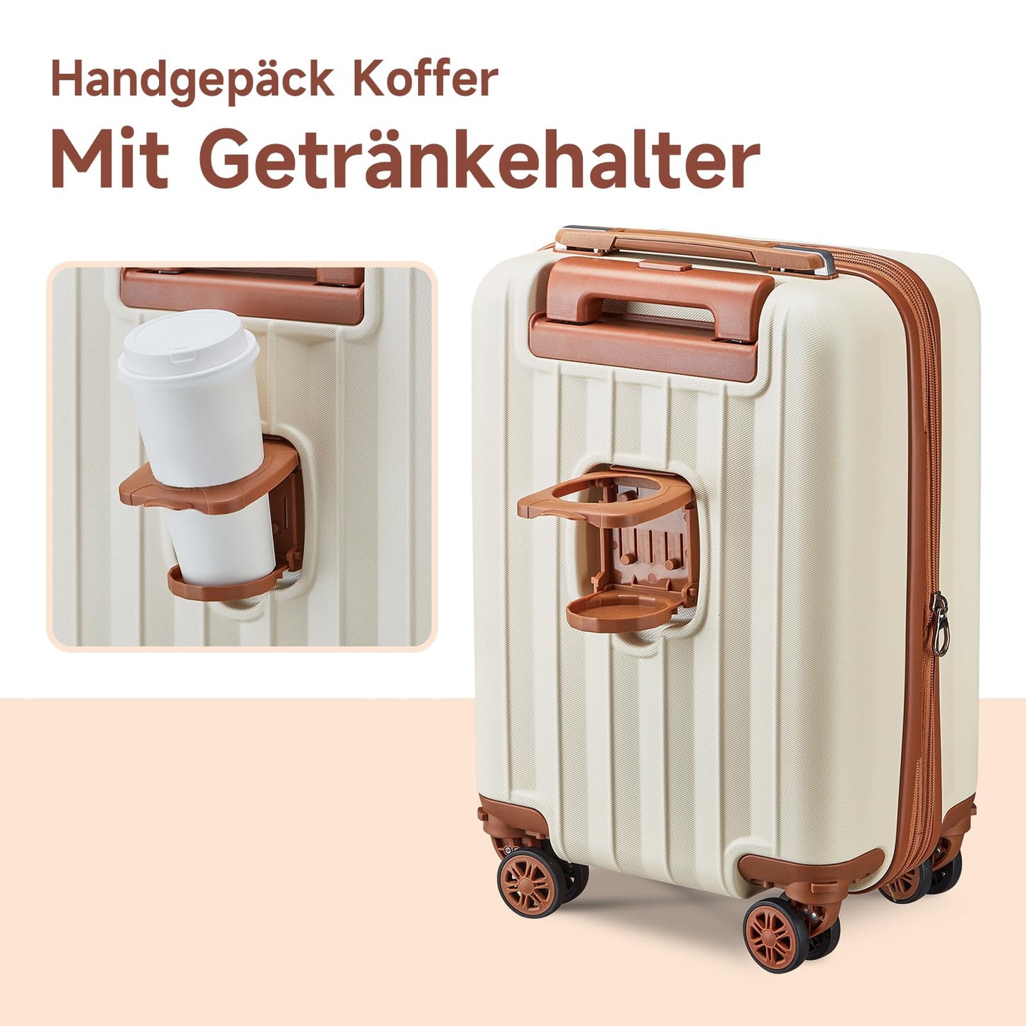 Joyway trolley suitcase, hard shell carry-on with drink holder, 4 wheels, TSA lock, white brown.