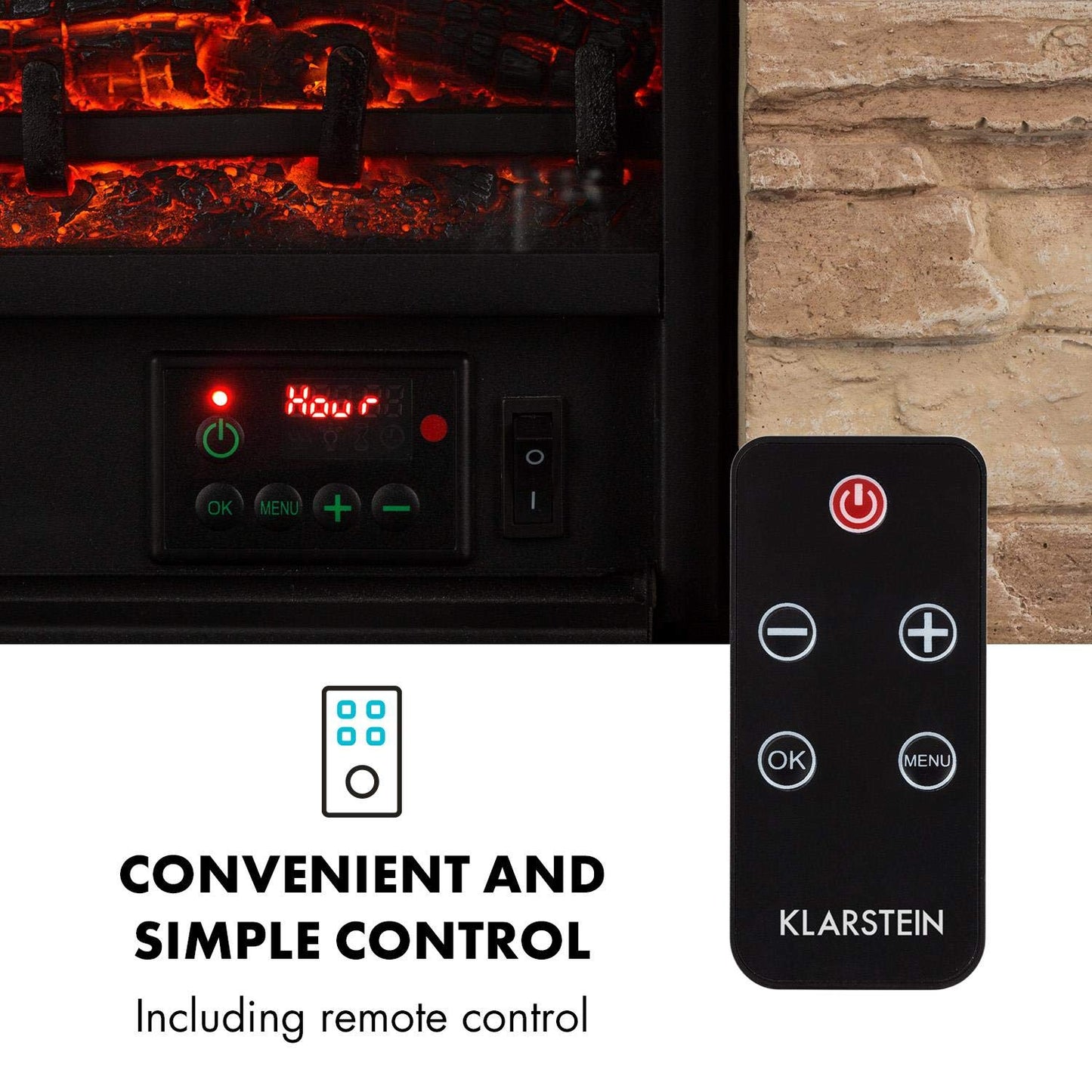Klarstein Kaprun electric fireplace - electric fireplace with 1800 W power and flame effect, electric fireplace with stone decor, Polystone, including remote control, black-brown