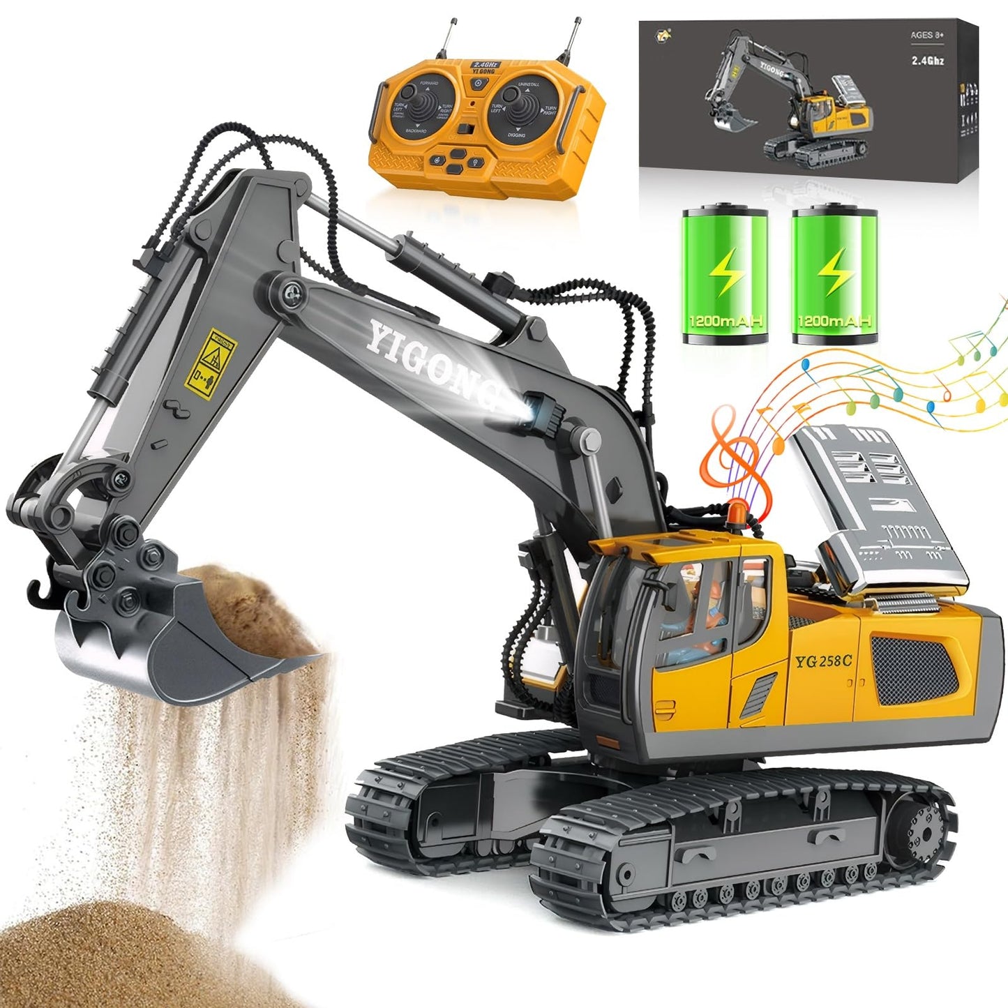 KIYTARBOO Remote Control Car Excavator Toy for ages 3 and up. Metal remote control sand vehicle, 11 channels, 2.4GHz RC excavator with lights and sound, 680° rotation. Great gift for boys aged 5-12.