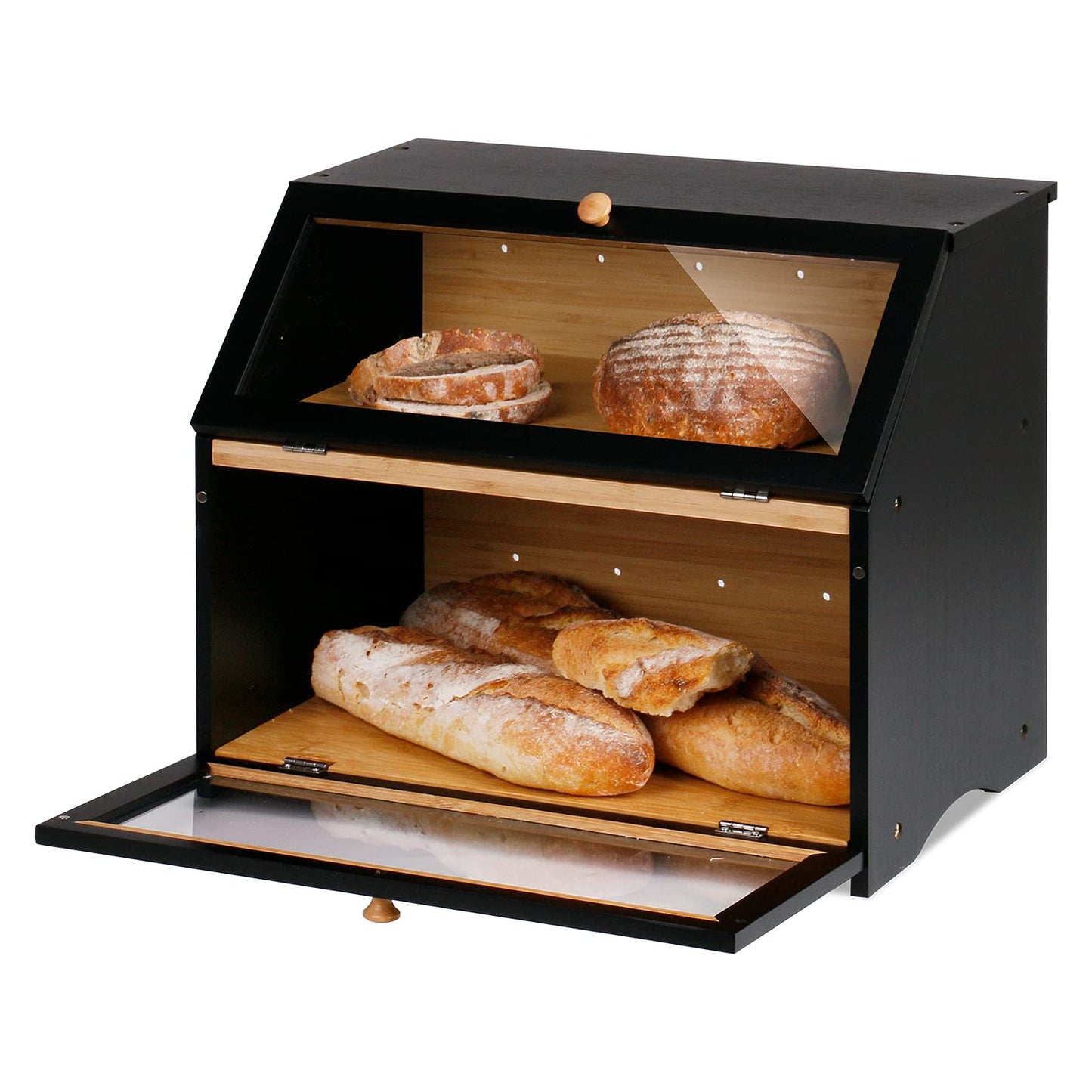 Leader Accessories Bamboo Bread Box 2 Tier Bread Container food safe Bread Storage easy to clean 39x25x32cm Black