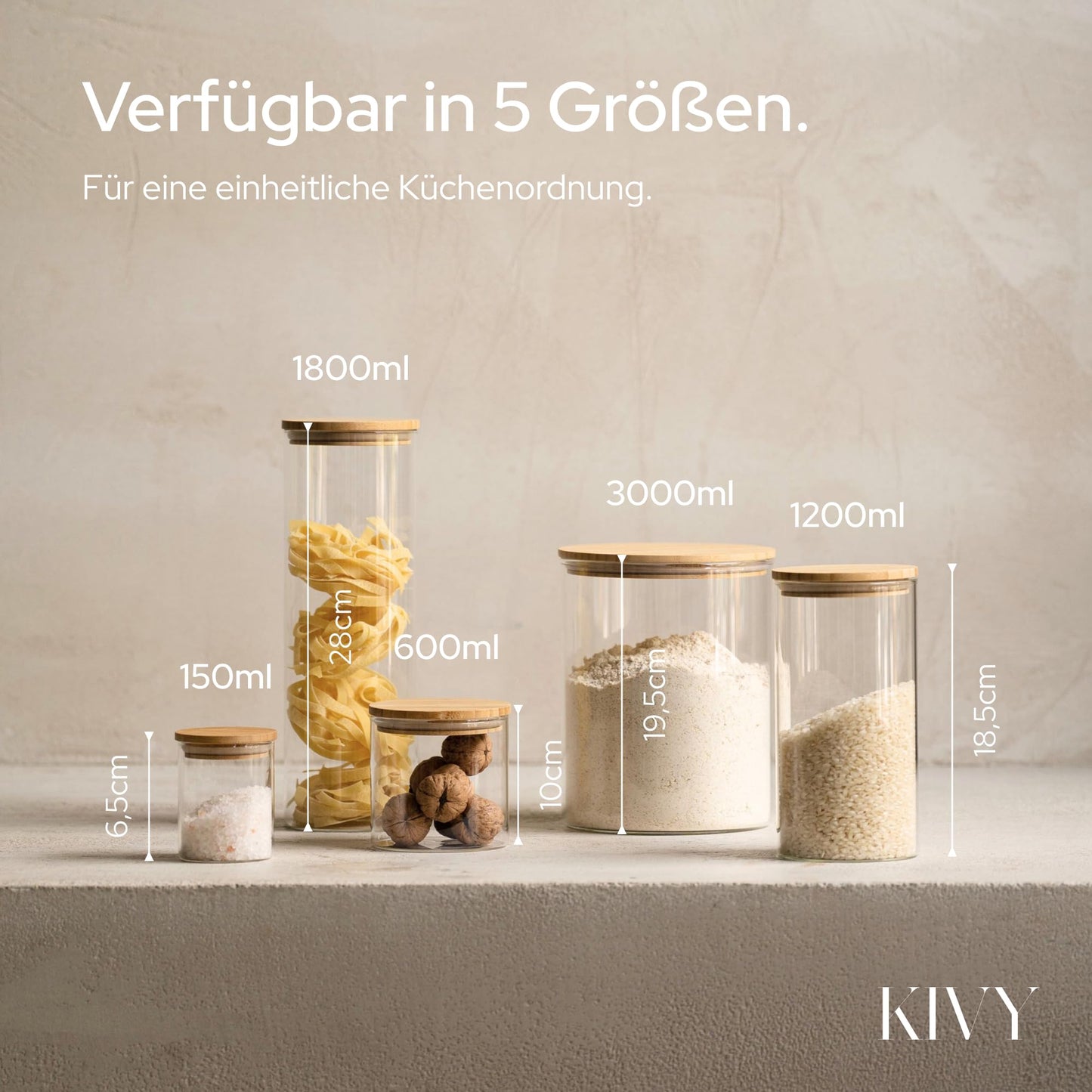 KIVY storage jars with airtight lid - 2 x 1.8L - For spaghetti, flour, cereals storage glass - Pasta jars with lid - Large spaghetti storage glass - Pasta jars with bamboo lid.