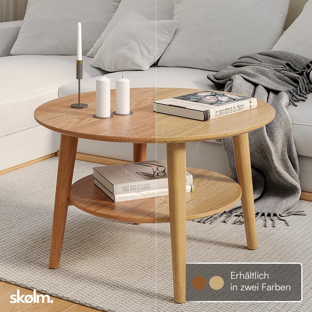 Skølm Mjölnir coffee table round - living room table wood - high-quality side table for living room - coffee table made of solid oak wood, dark oiled natural - sofa table with shelf - coffee table Ø70 cm.