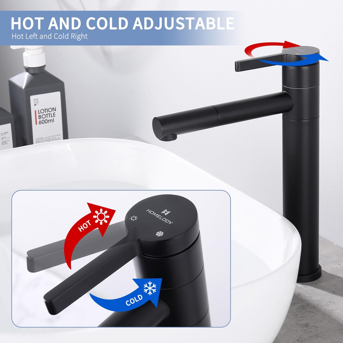 HOMELODY Black Bathroom Faucet High 360° Rotation Mixer Tap Sink Faucet Stainless Steel Water Tap Bath