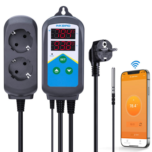 Inkbird WiFi Thermostat, dual time cycles, alarm function, two outlets (heating only).