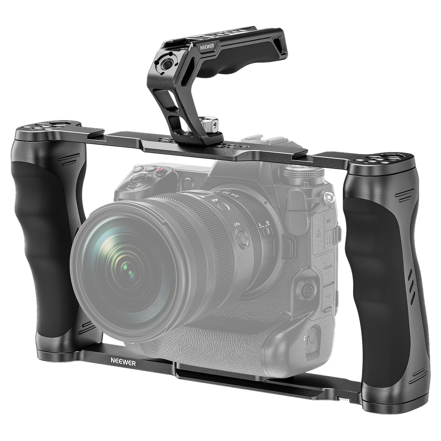 NEEWER Universal Camera Cage with Top Handle and 3/8" ARRI Locating Pins, Video Rig Stabilizer with Arca Swiss Base, Two Hand Grips, compatible with SmallRig Accessories, CA016T.