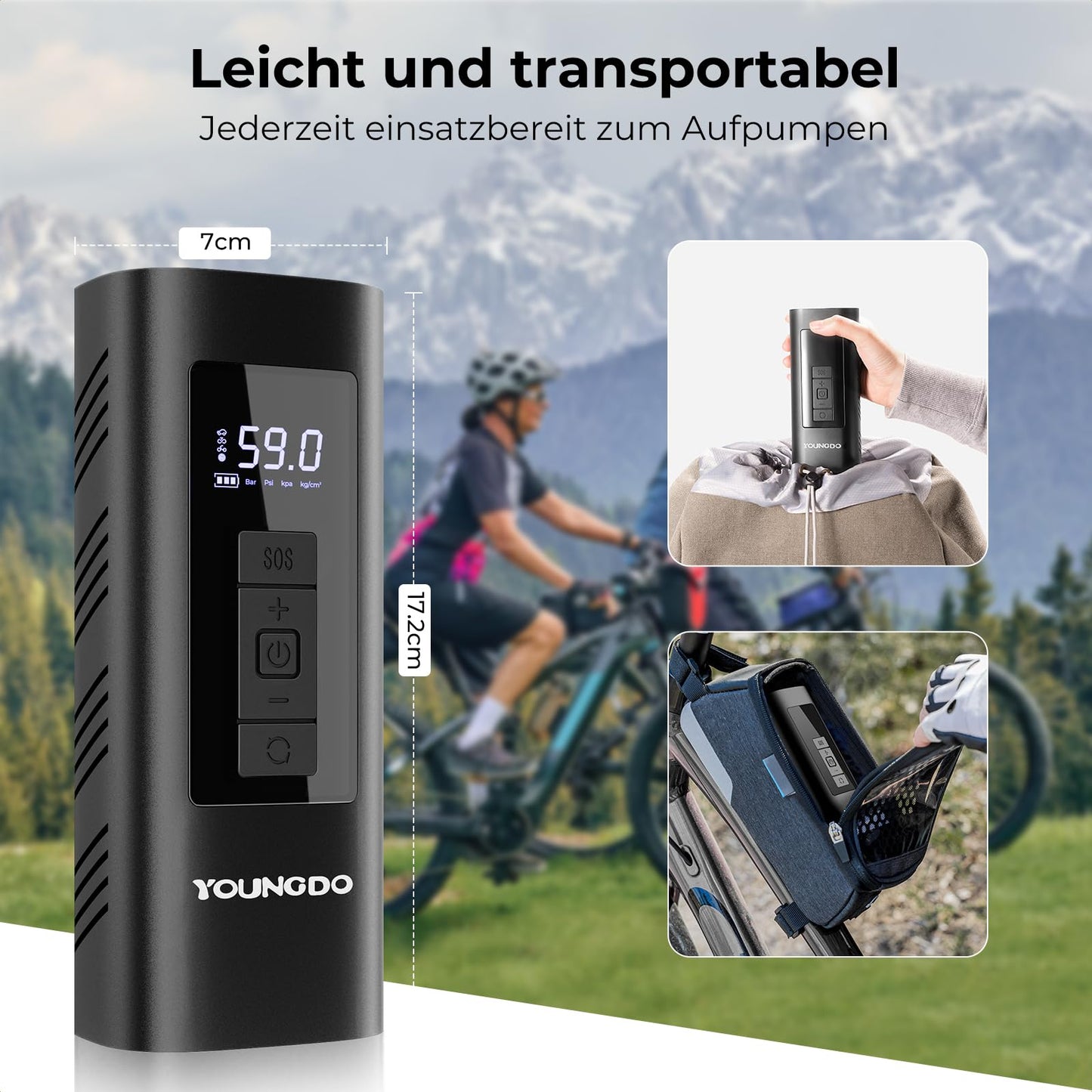 Electric air pump, YOUNGDO bicycle pump, bicycle pump 150PSI, battery compressor 6000mAh, pump for all valves for bike, motorcycle, car.