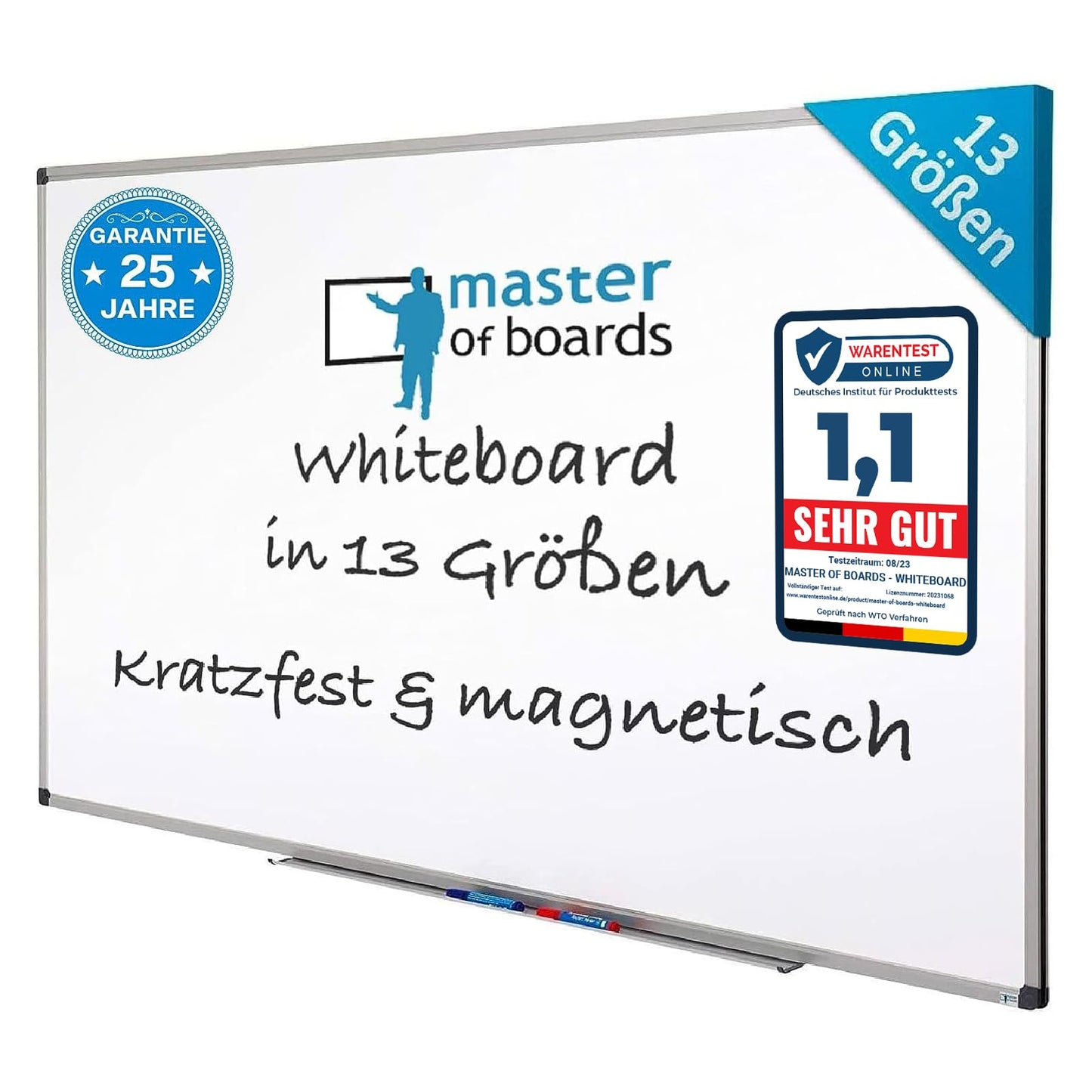 MOB Magnetic Whiteboard 60x45cm with aluminum frame and detachable pen tray for office, home, and school. Scratch-resistant and dry-wipe magnetic board in portrait & landscape orientation.