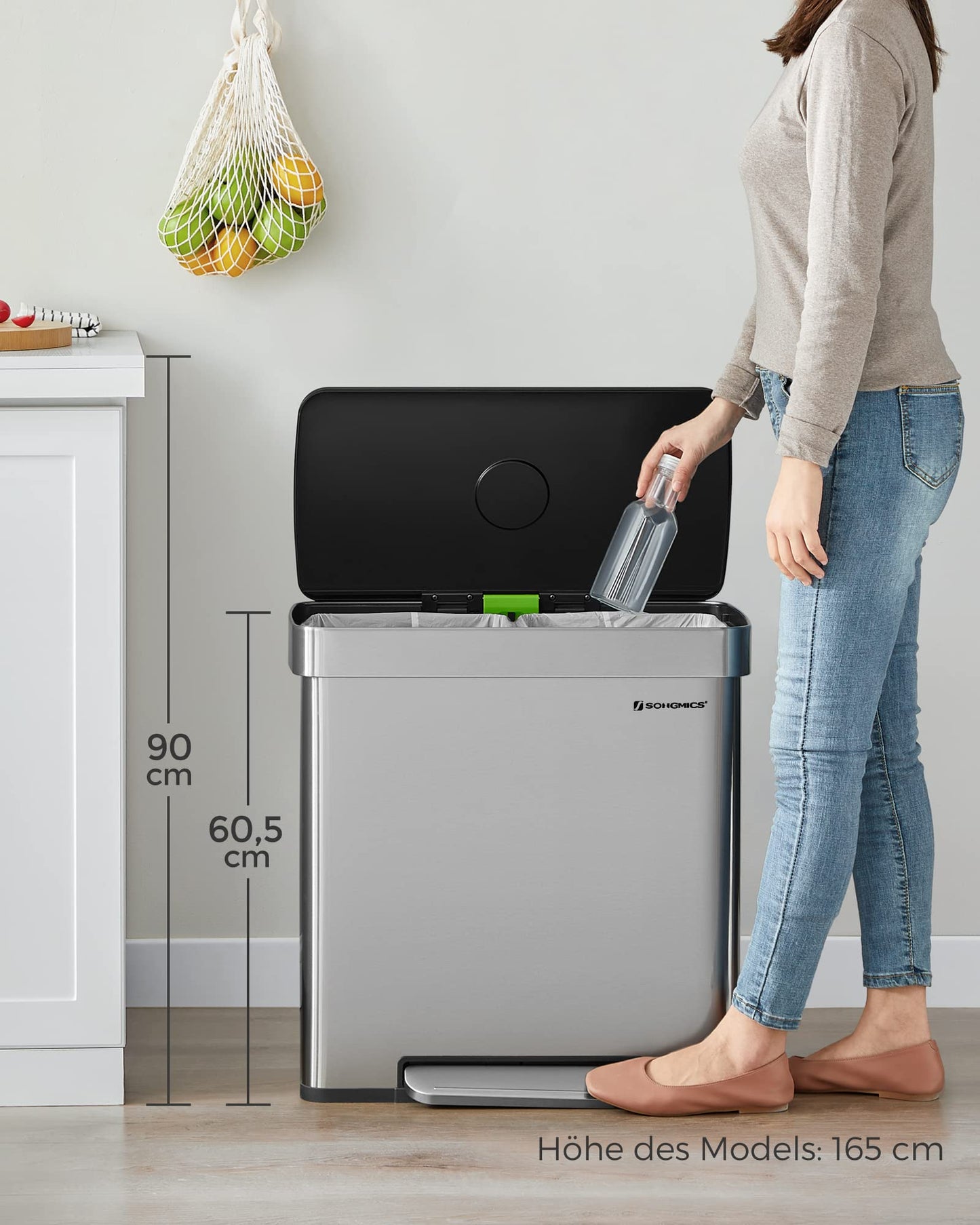 SONGMICS Kitchen Trash Can, 2 x 30L, Waste Separation System, 2 Compartments, 15 Trash Bags, Stainless Steel Trash Can, Plastic Inner Bucket, with Lid, Soft-close, 58 x 31.5 x 59 cm, silver LTB202E01