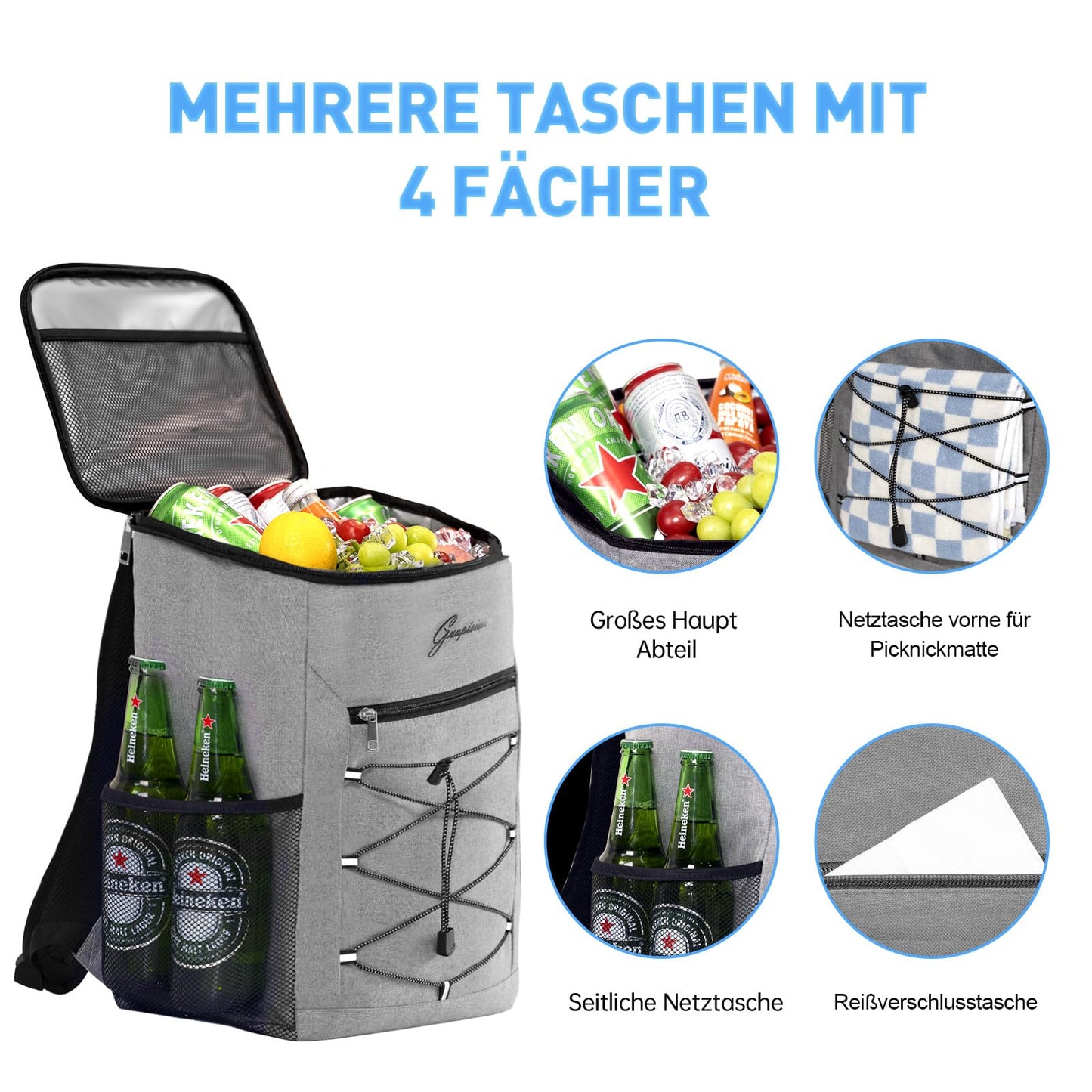 Beautiful 30L cooler backpack picnic backpack cooler bag large insulated cooler bag for picnic/beach/BBQs/camping/trips (gray)