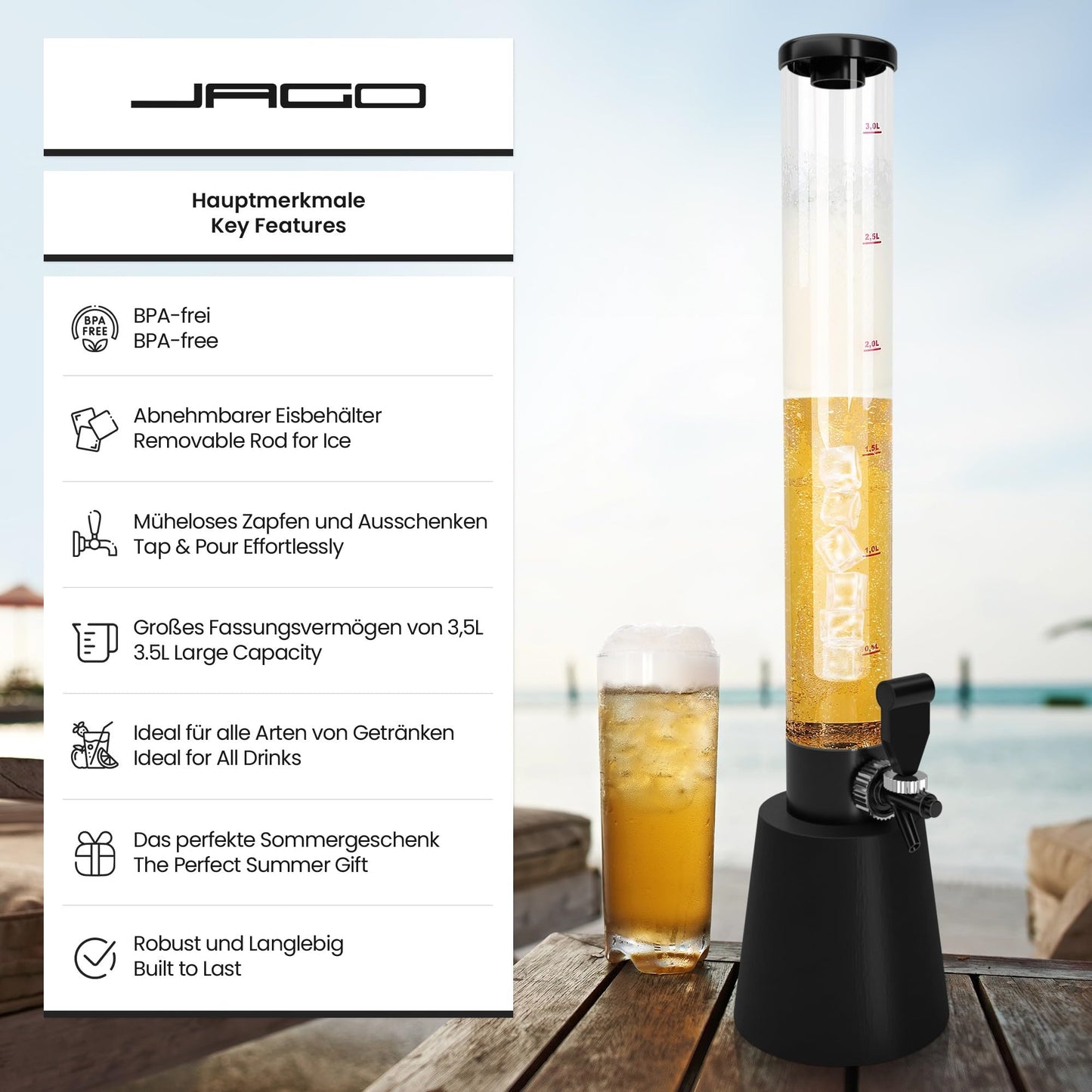 Jago® Beer tower with tap - 3.5L, 90cm tall, level indicator, stand, BPA-free, LFGB standard, various set options - beer tower, beverage tower, drink tower, beer dispenser, beverage dispenser, tap tower