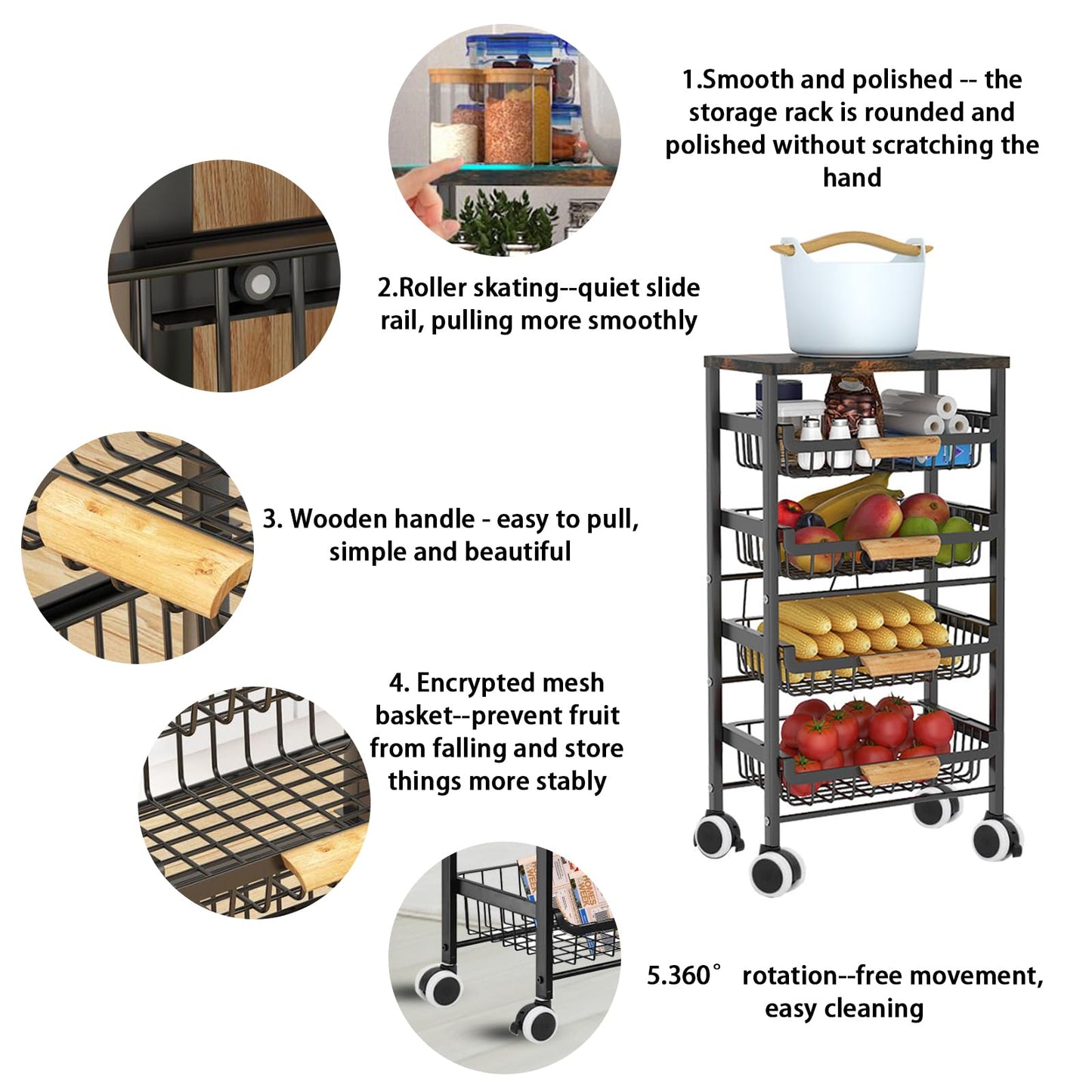 Treesunshine rolling utility cart, kitchen cart with countertop, serving cart with extendable basket made of iron-carbon alloy, wooden kitchen cart, kitchen cart with ample storage, 5-tier utility cart