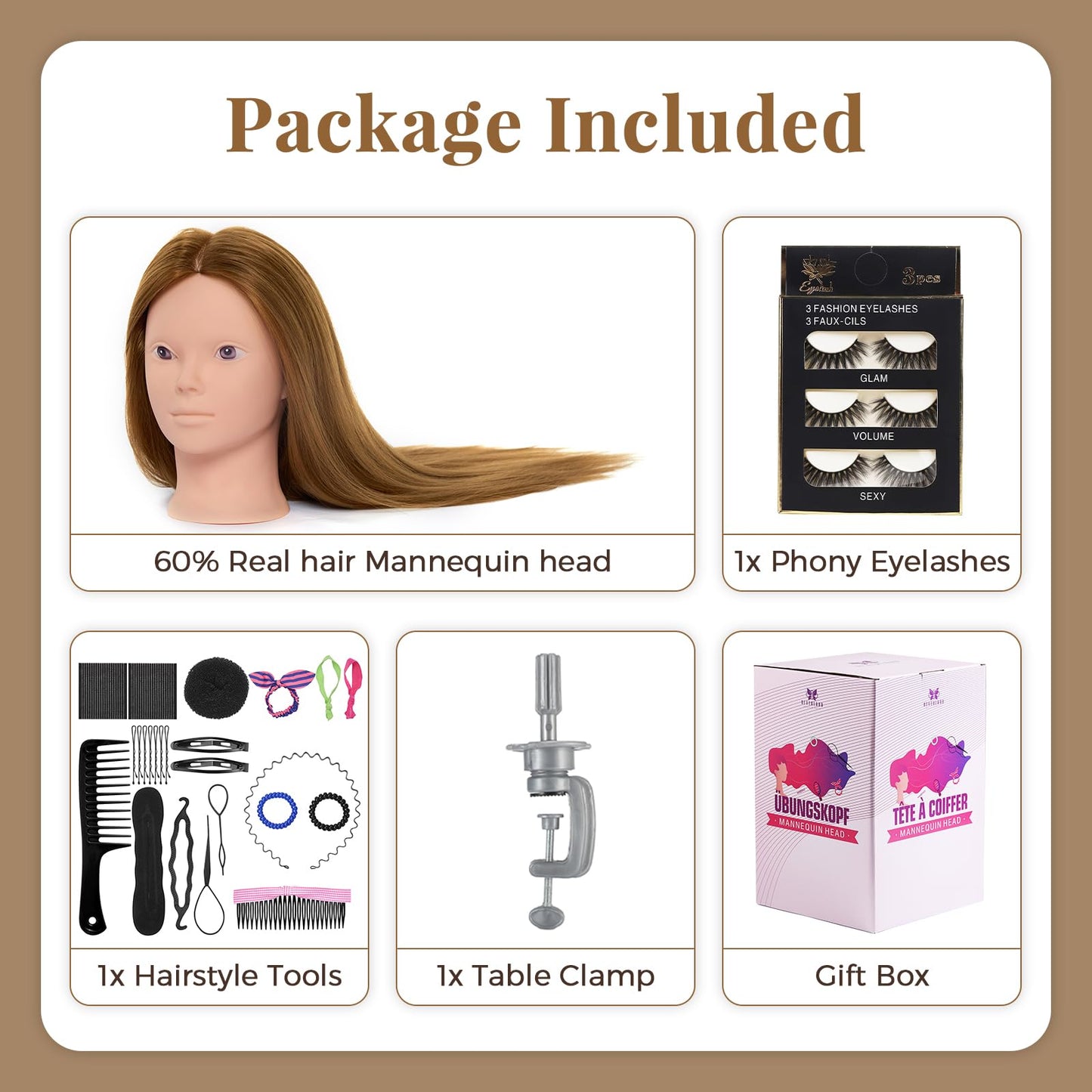 Neverland Beauty 71 cm training head with 60% real hair, barber mannequin head, cosmetology doll head with table clamp and hairdressing tool set, straight, human hair, sew-in gold.