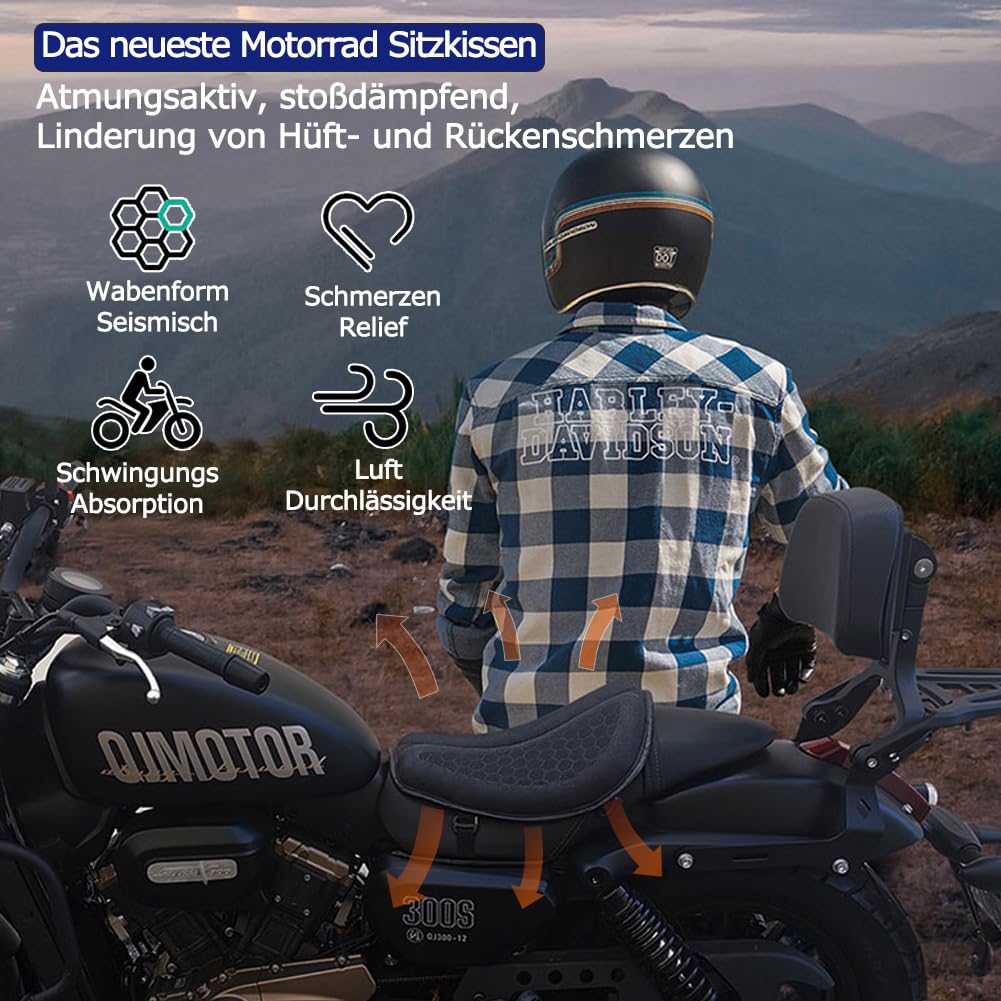 PhyiFlbey Motorcycle Gel Seat Cushion Moto 3D Honeycomb Universal Seat Cover Structure Breathable Shock Absorbing reduces Motorcycle Gel Seat Pad for Comfortable Long Rides Patent No.: 015020732-0001
