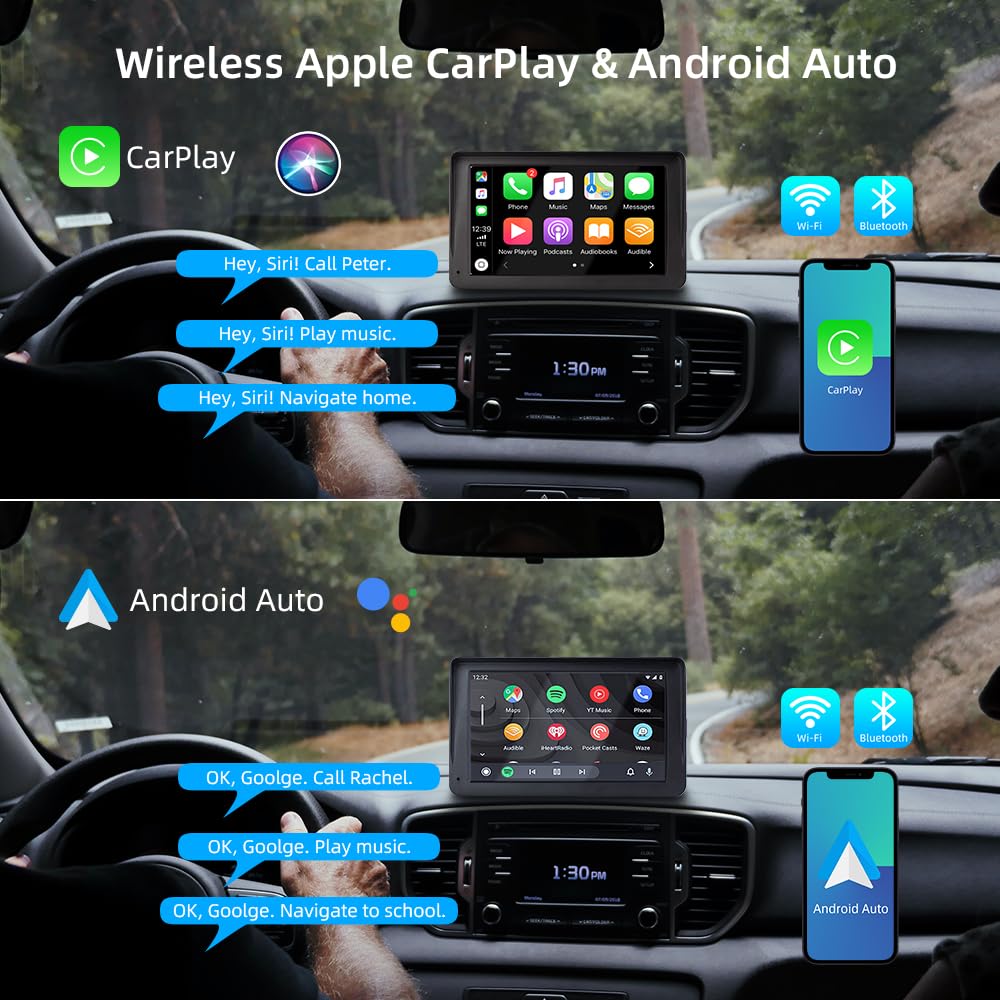 Wireless CarPlay & Android Auto, 7-inch Carplay display with 2K front camera, 1080P rear camera, Bluetooth, Mirror Link, FM, AUX, TF card.