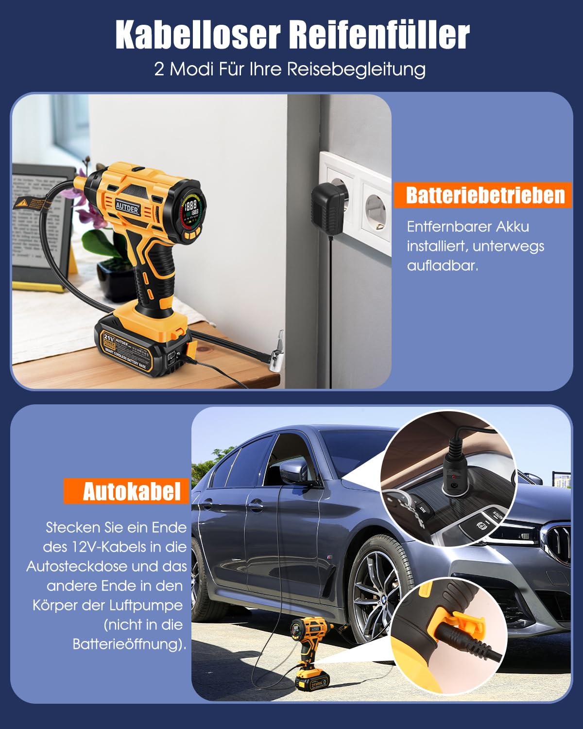AUTDER 180 PSI Battery Air Compressor - Portable tire inflator with 21V rechargeable battery & 12V DC car adapter, digital air compressor for car, motorcycle, bicycle & sports balls - Yellow