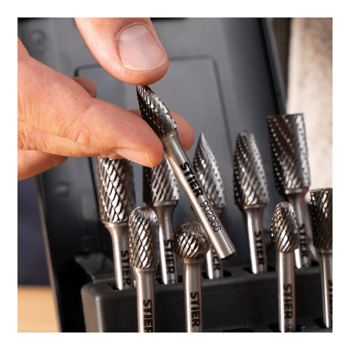 BULL Carbide Burrs Set 10 pcs, 6mm shank diameter, burr shapes: cylinder plain end, ball nose, oval, drop, pointed arch, high cutting speed 840 m/min.