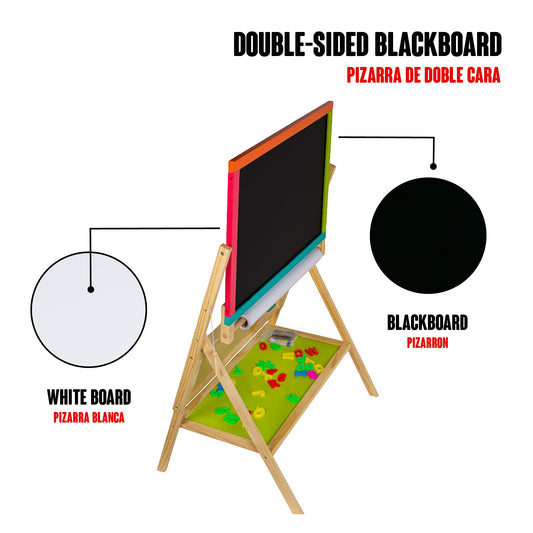 Calma Dragon W12B103-2 Kids Whiteboard 2 in 1, wooden children's board, double-sided, with clock and alphabet, with drawing paper roll, chalk, markers, and eraser (Large)