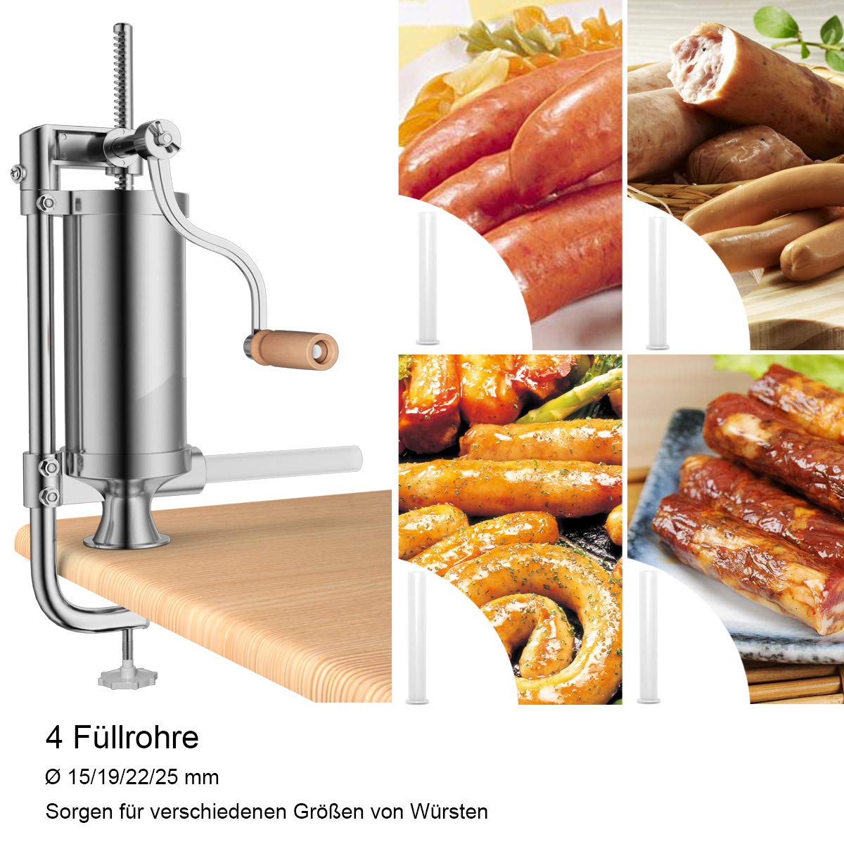 COSTWAY 1.5kg/2.5kg/3kg/5kg manual sausage stuffer, stainless steel sausage machine, silver sausage filling machine with table clamp, sausage syringe including filling tubes (2.5KG - 4 filling tubes)