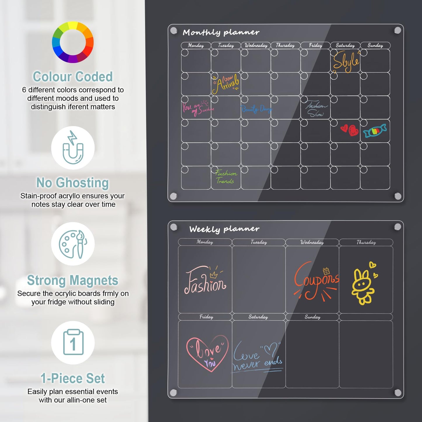 Magnetic weekly and monthly planner set, 1 set family planner, eraseable for organization, meal planning, and shopping lists. Includes eraser and 6 pens.