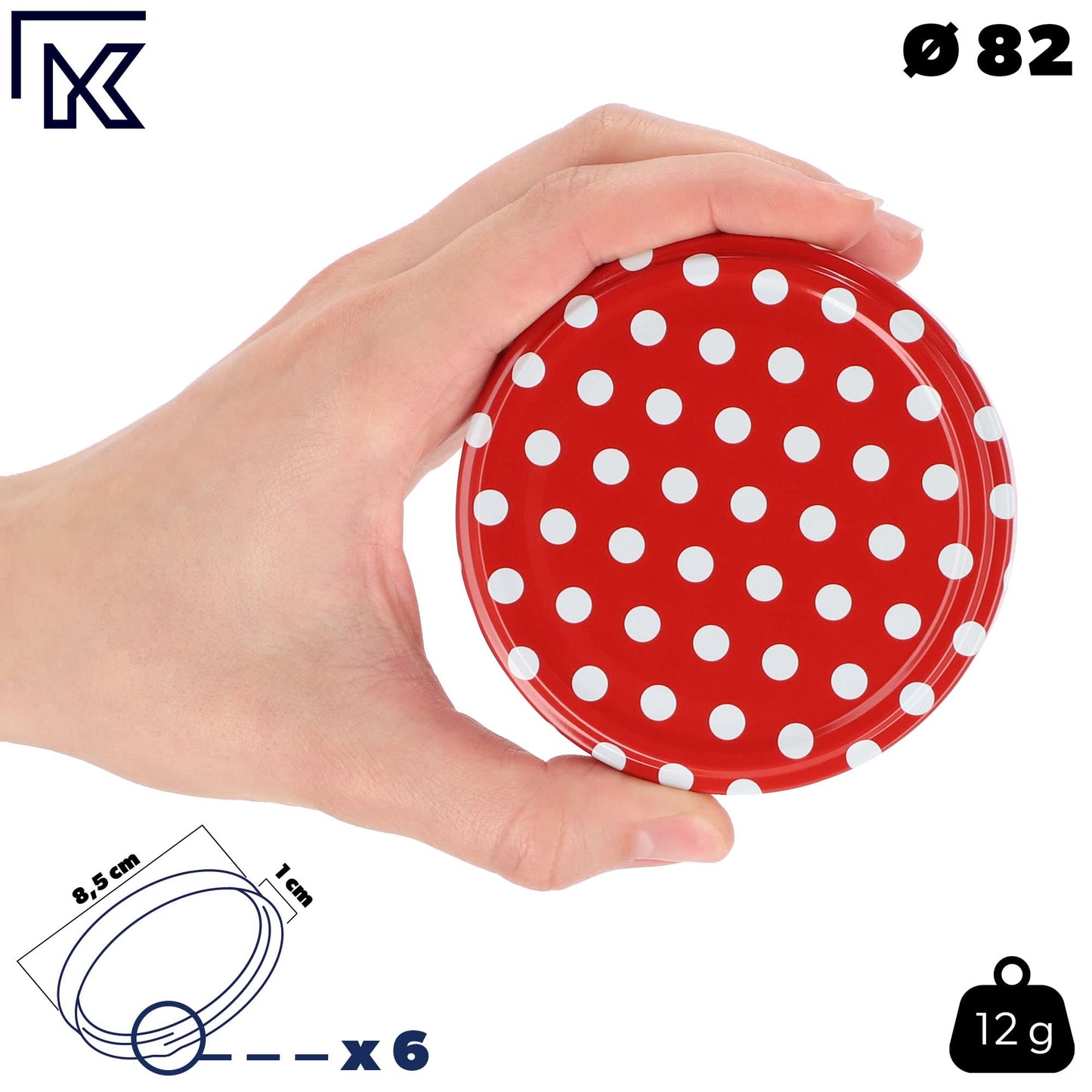 KADAX screw cap fi82 mm, Twist-Off lid set made of metal, replacement lids for preserving jars, lids with 6 snap teeth for jars and preserving jars (red dotted, 50 pieces)