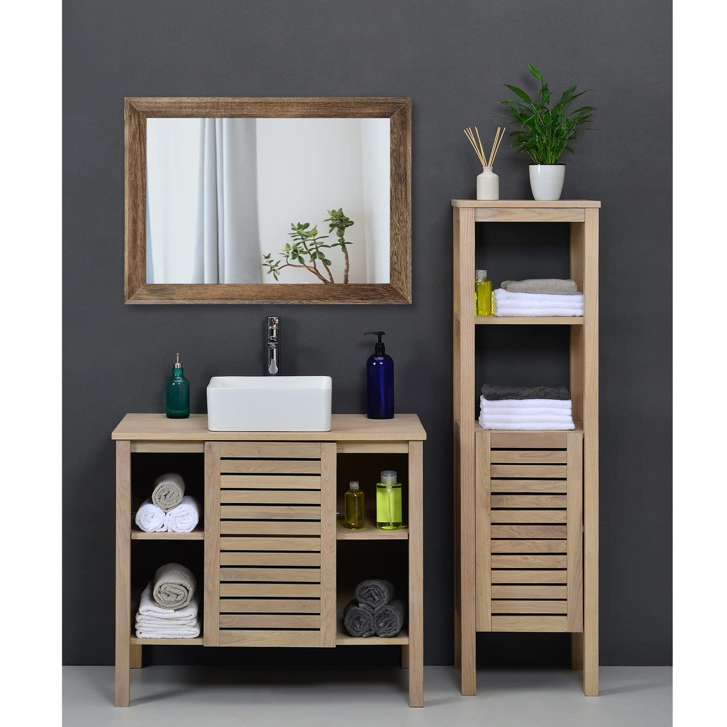 AAZZKANG Rustic Wood Mirror Rectangular Decorative Large Wall Mirror 50x40cm with Frame Bedroom Living Room Bathroom Hanging Mirror Brown