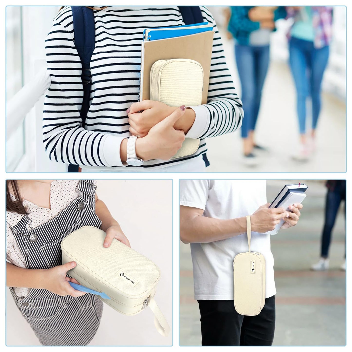 FINPAC Pencil Case - Large capacity pencil pouch with 3 compartments, perfect for school & office use. (Beige)
